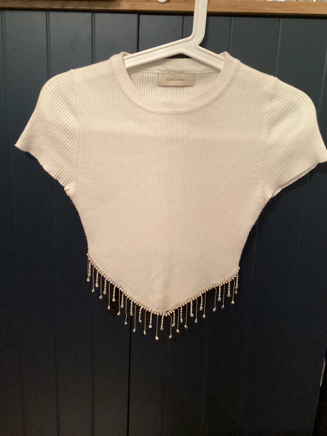 Chelsea - Ribbed Crop Top with Rhinestone Fringe (Size Small) - photo 4