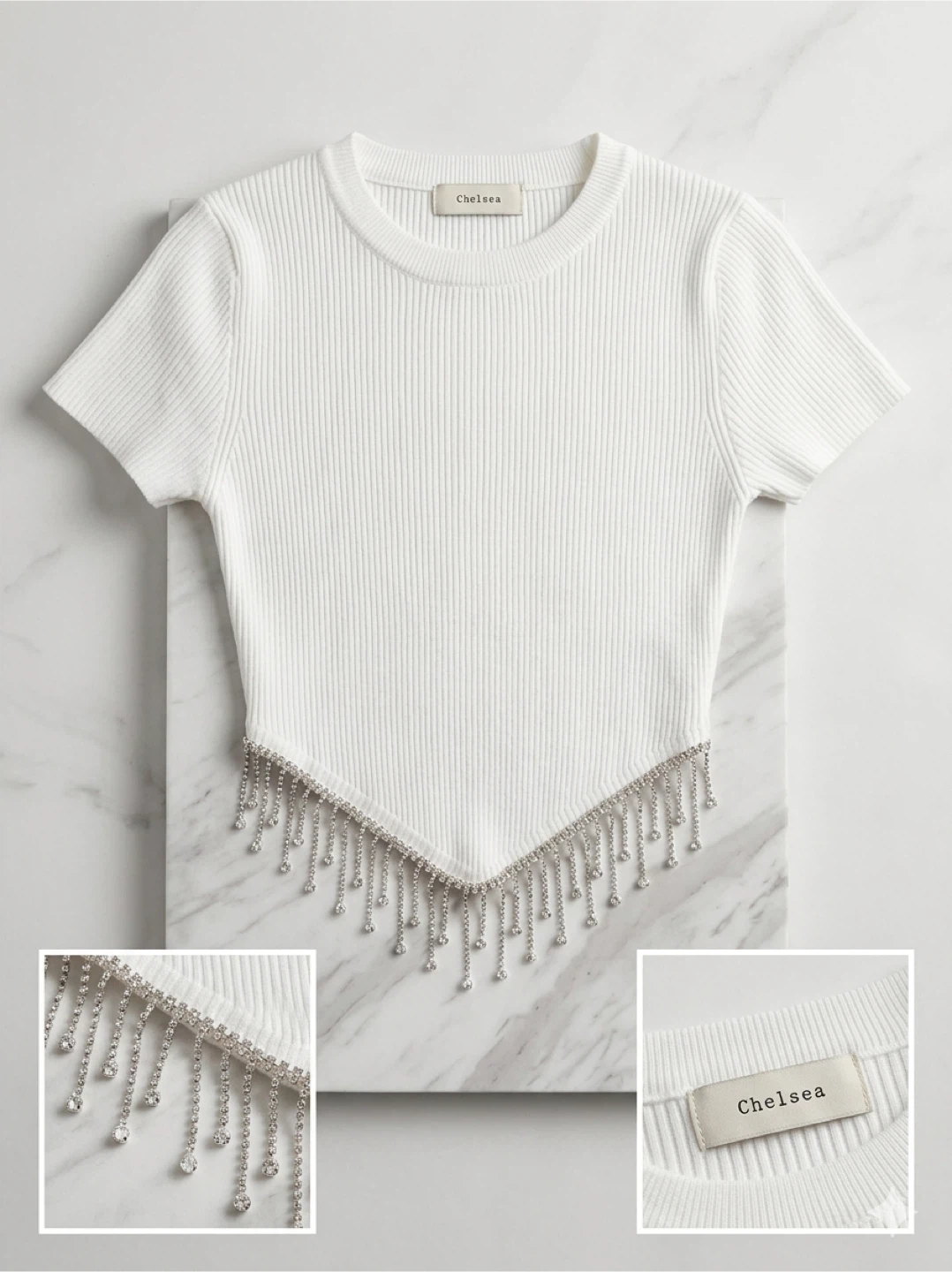 Chelsea - Ribbed Crop Top with Rhinestone Fringe (Size Small)
