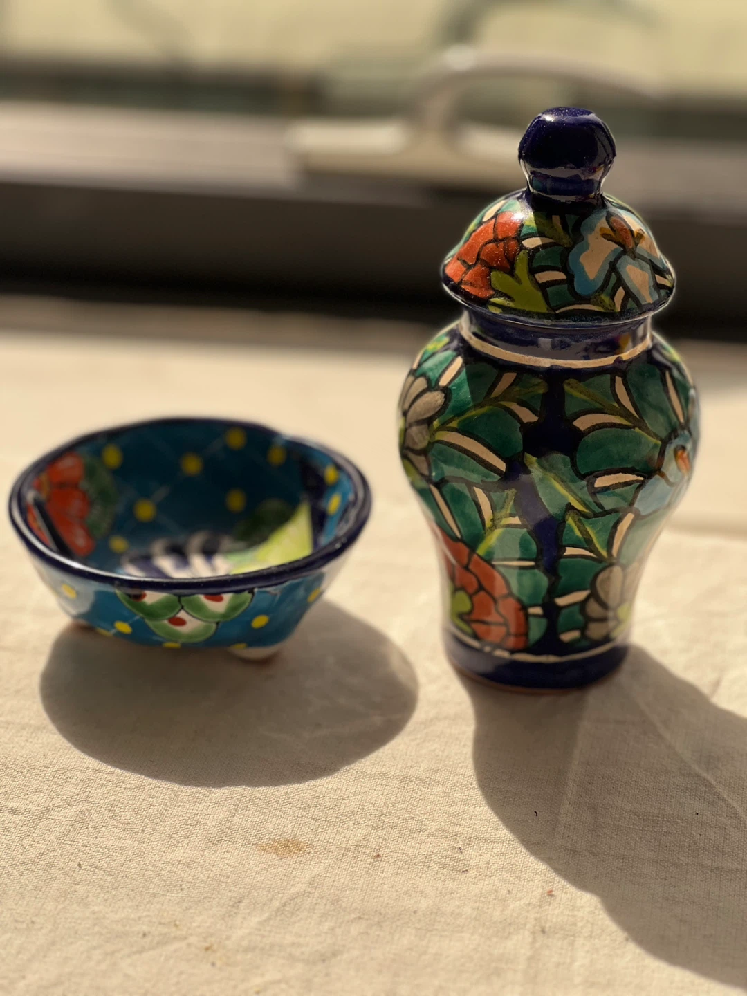 Hand-painted Ceramic Decorative Jar with Lid and Bowl