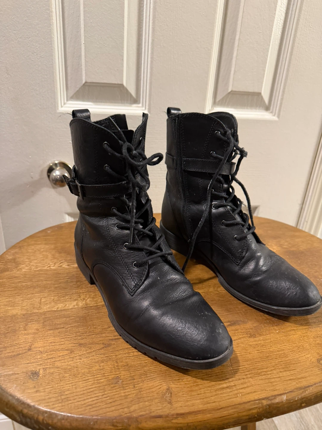 Vince Camuto Black Leather Lace Up Buckle Ankle Boots