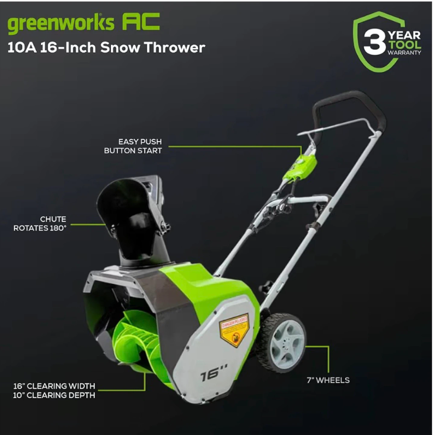 Greenworks 10A 16-Inch Electric Snow Thrower - photo 4