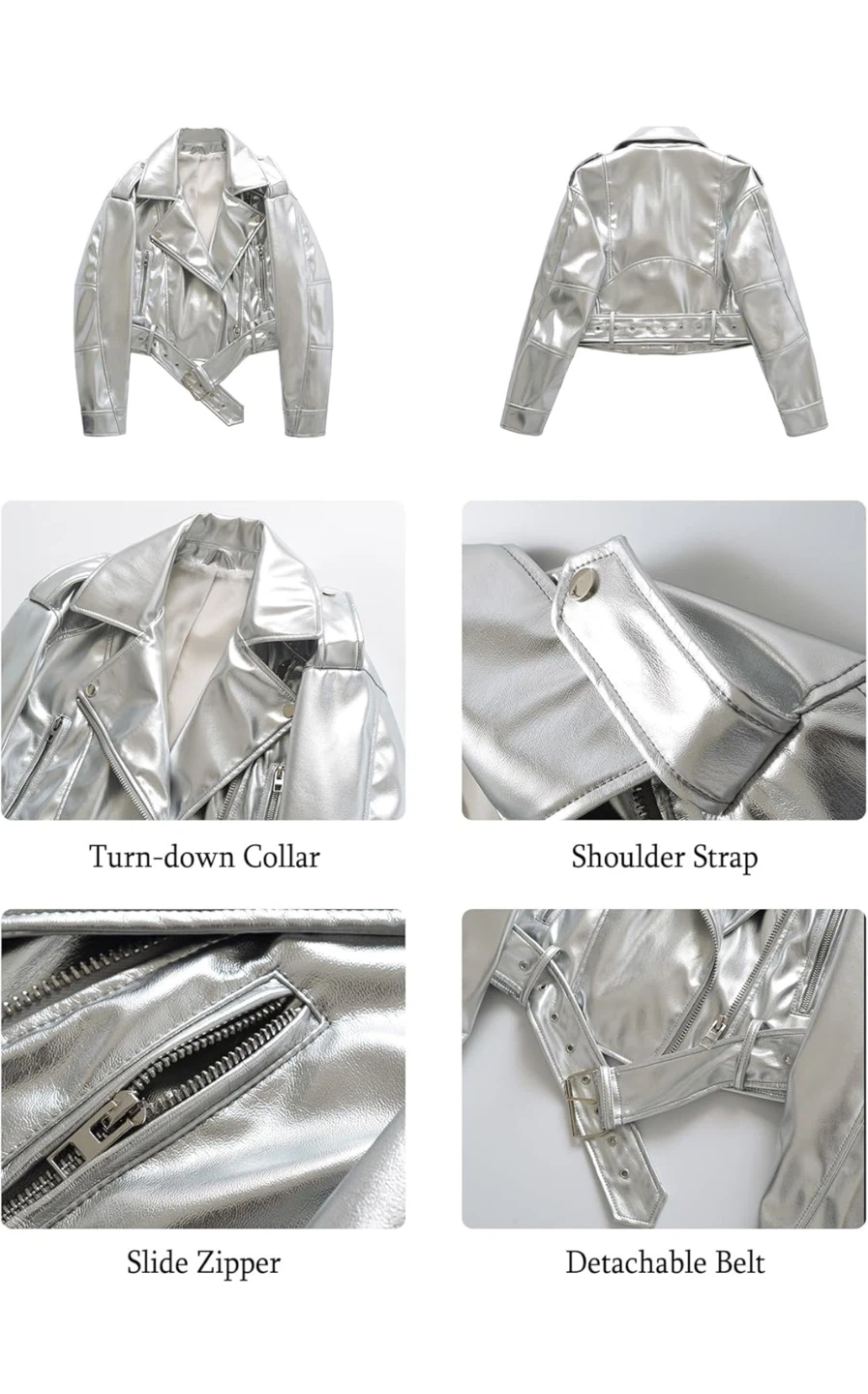 Silver Metallic Faux Leather Moto Jacket - Small - photo 3