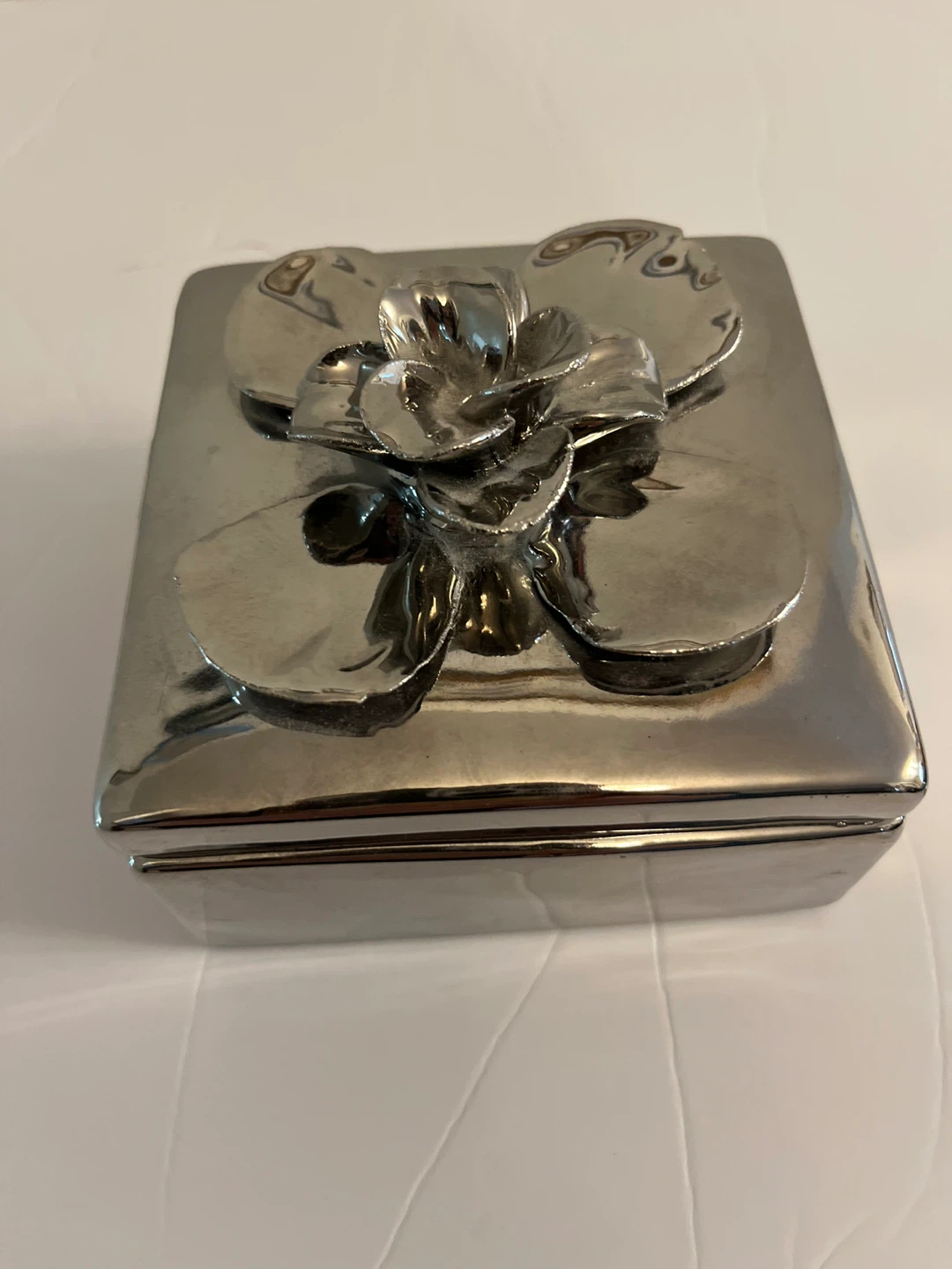 Pier 1 Decorative Silver Tone Trinket Box with Flower Accent