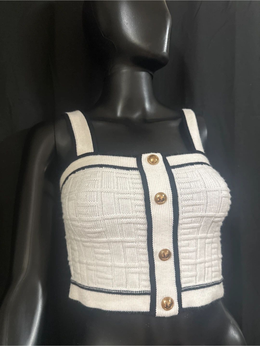 White Knit Crop Top with Gold Buttons