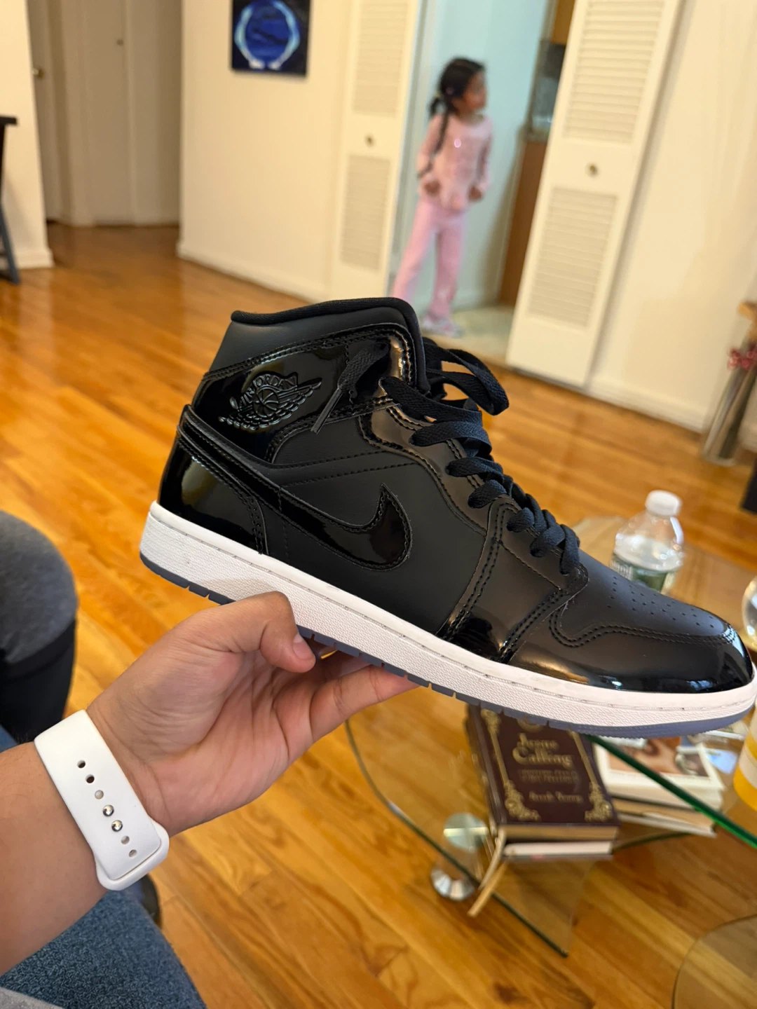 Air Jordan 1 Mid Black Patent Leather Sneakers