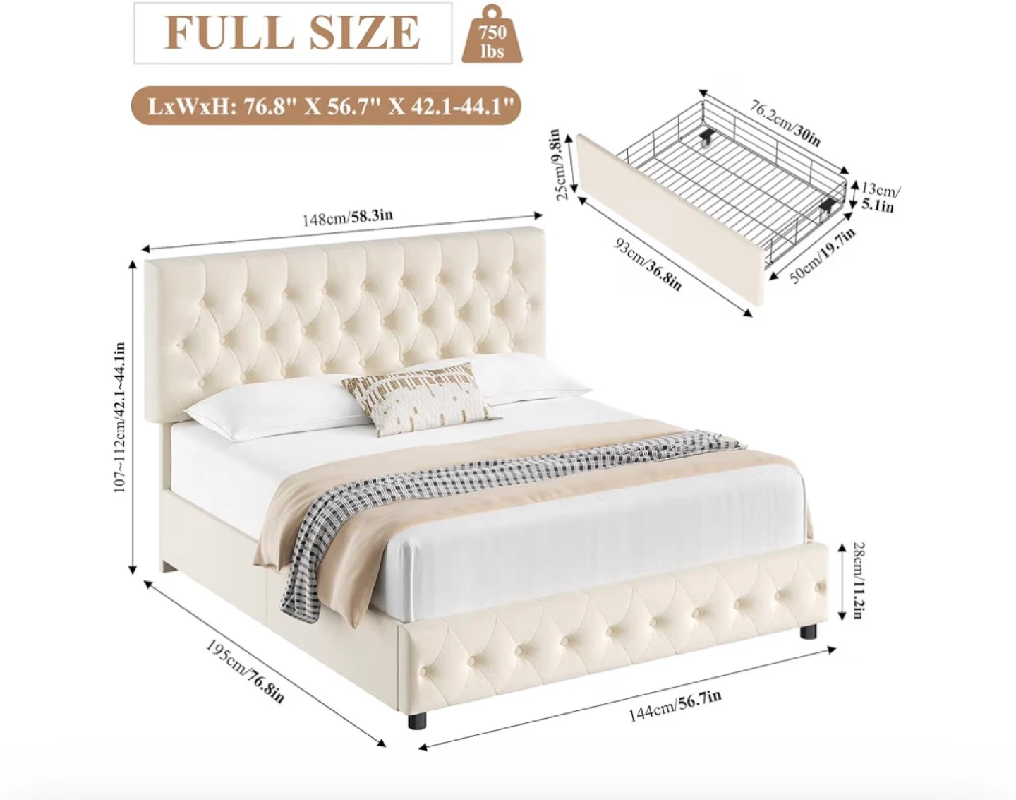 Velvet Upholstered Platform Bed Frame - Full Size - photo 4