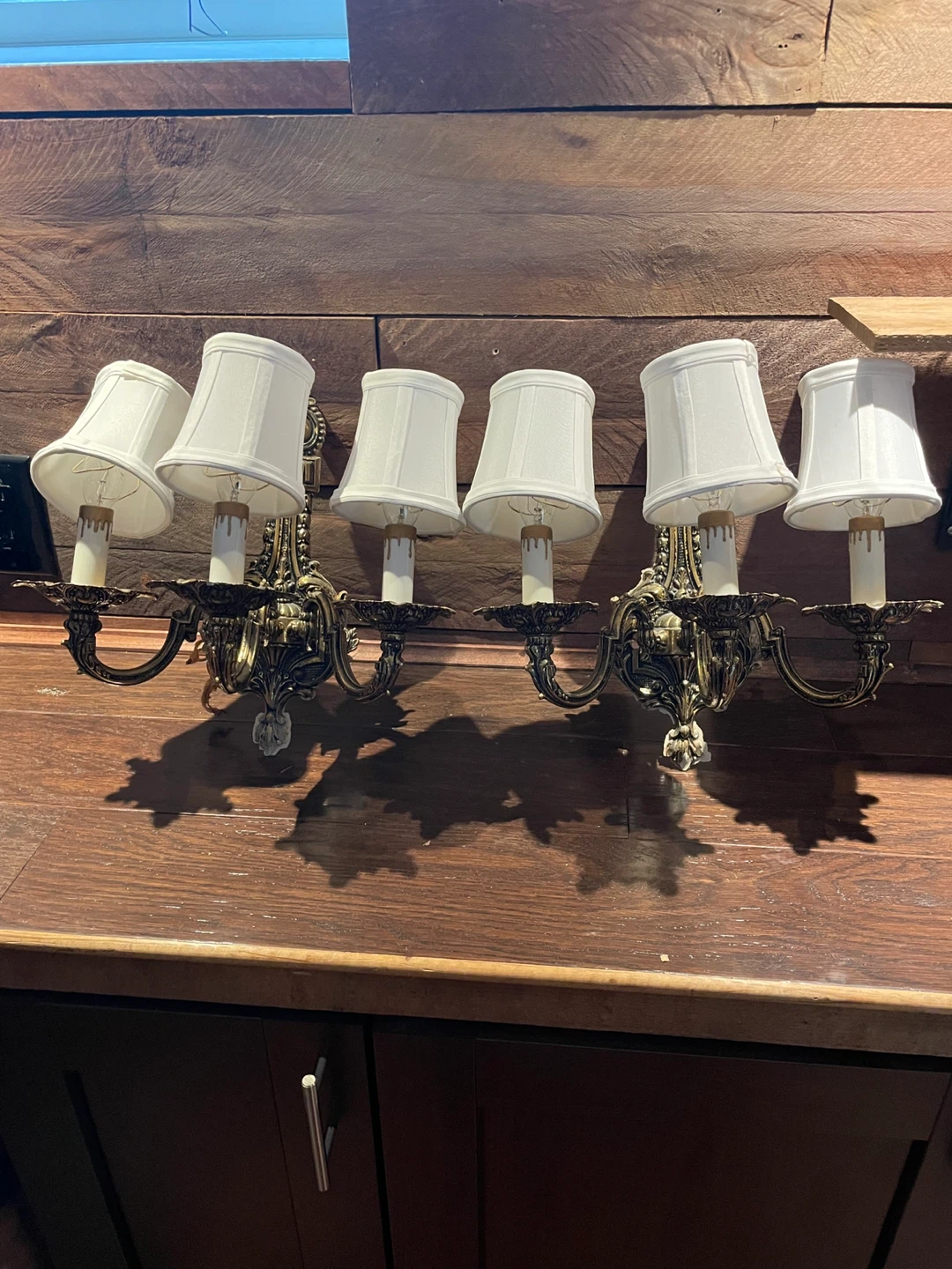 Vintage Brass Sconce Set with White Shades (Set of 2)
