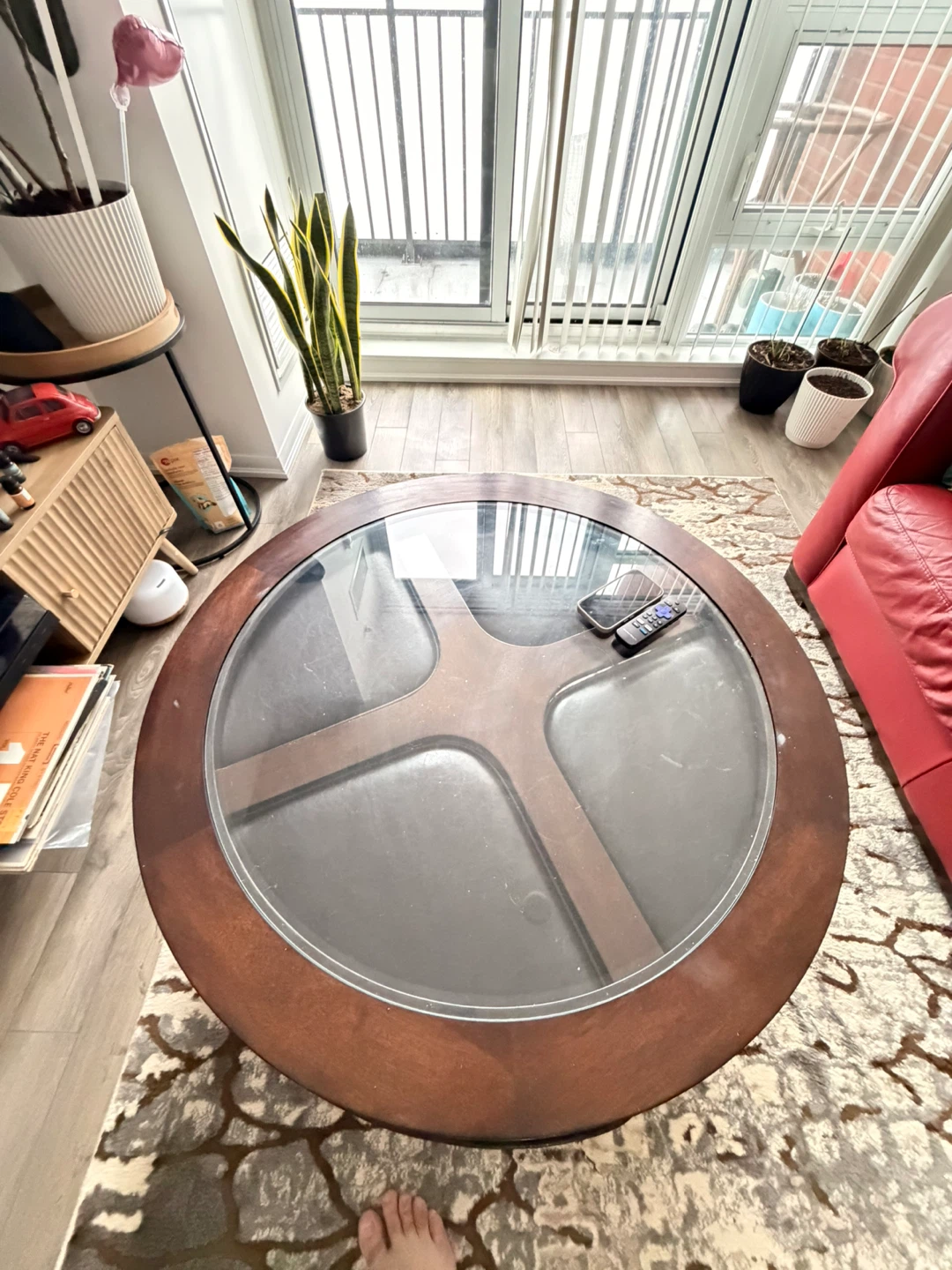 Round Wood Coffee Table with Glass Top