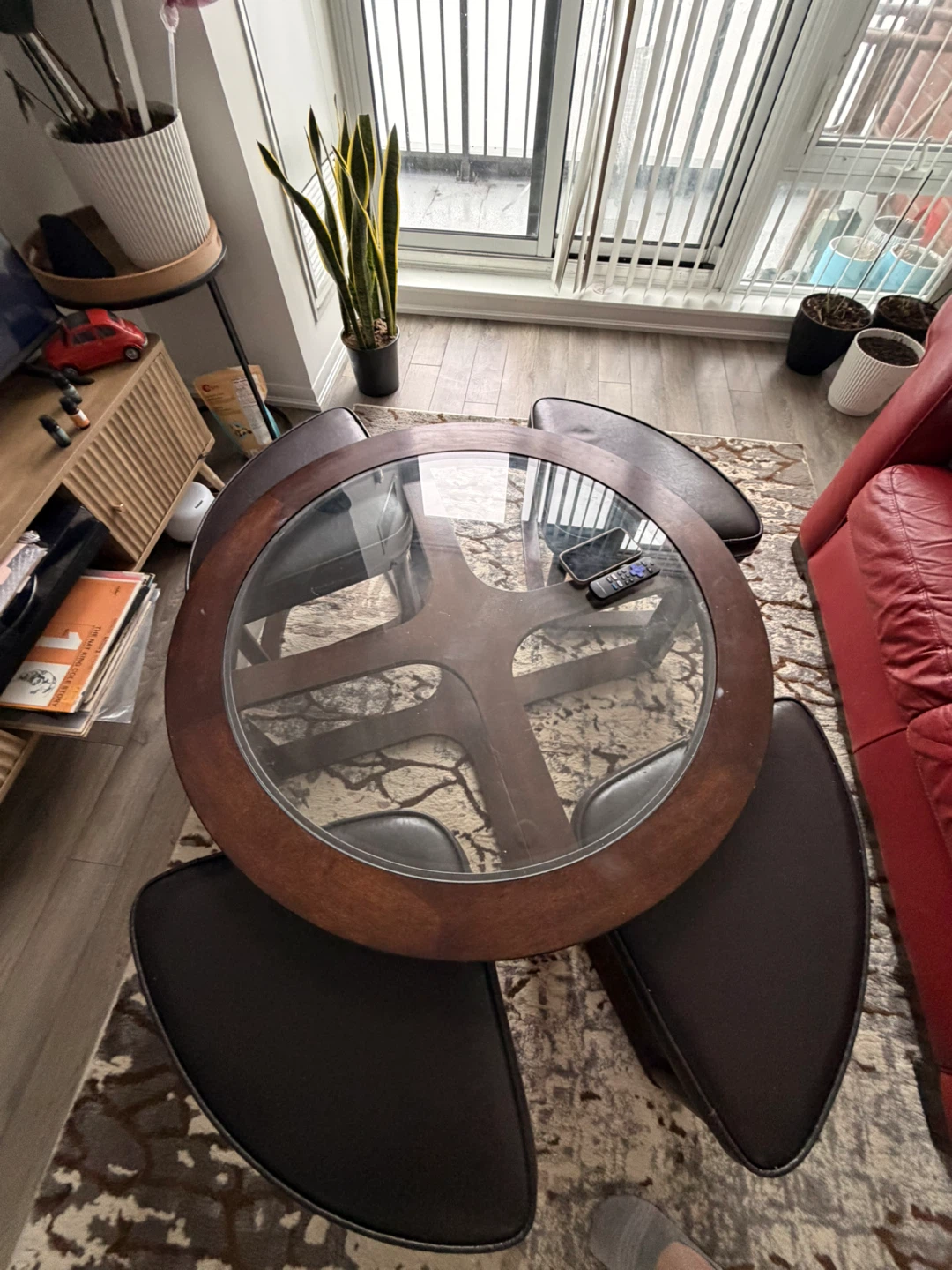 Round Wood Coffee Table with Glass Top - photo 2