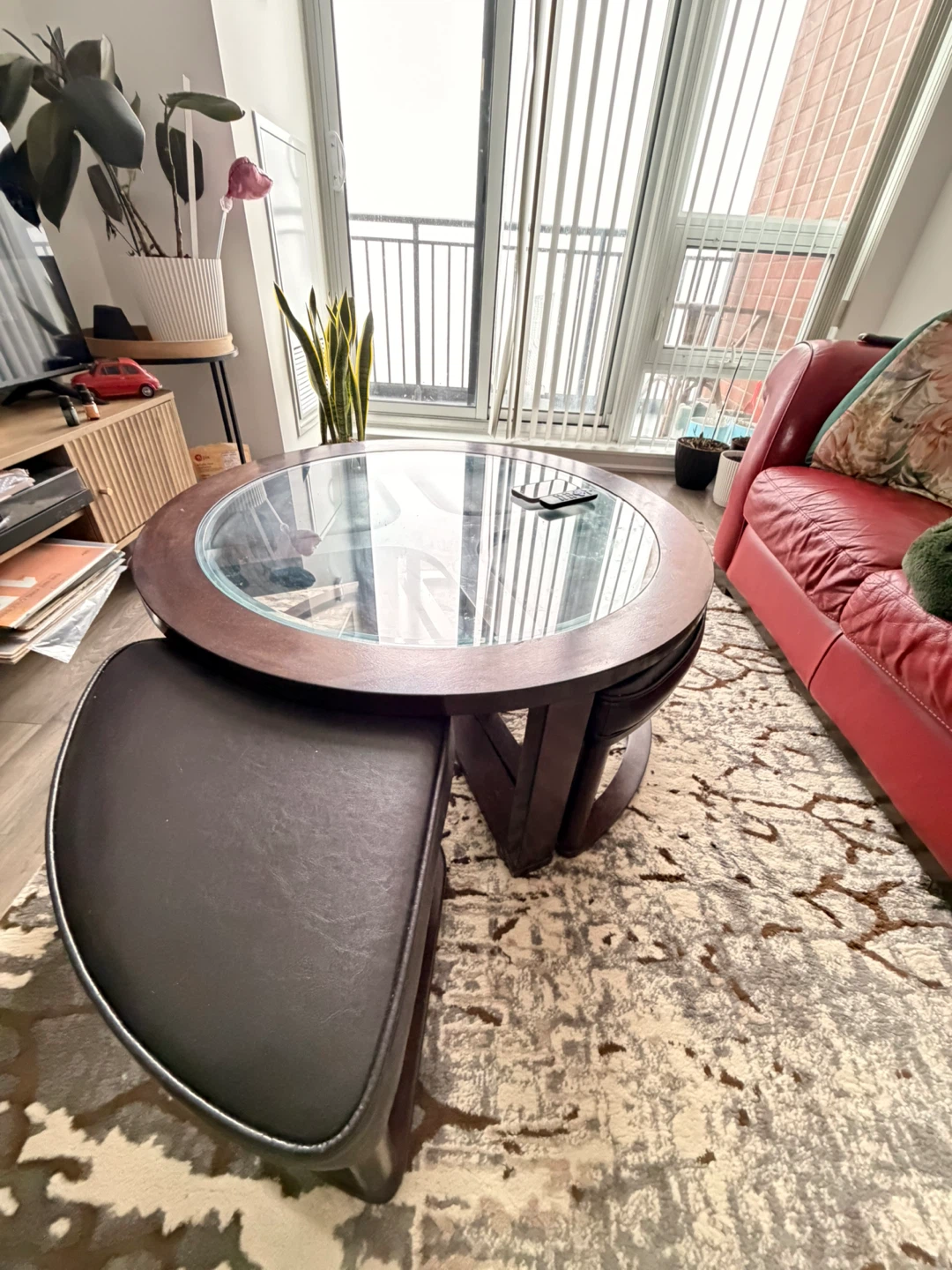 Round Wood Coffee Table with Glass Top - photo 3