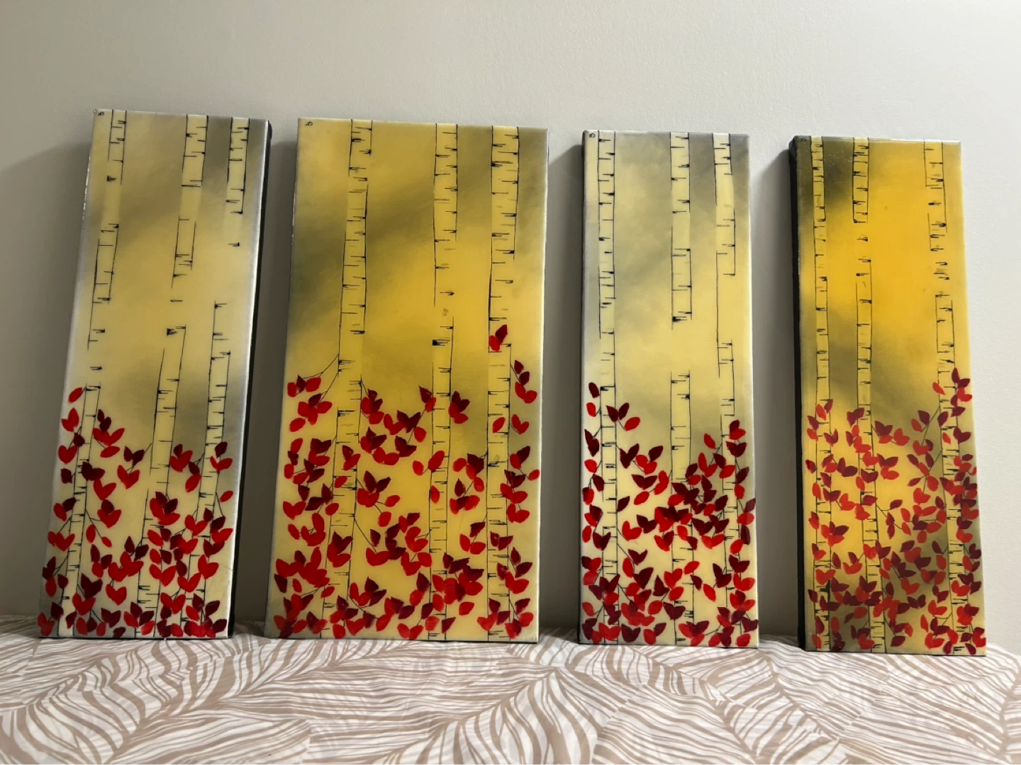 Set of 4 Birch Tree & Red Leaf Canvas Wall Art Panels - photo 2