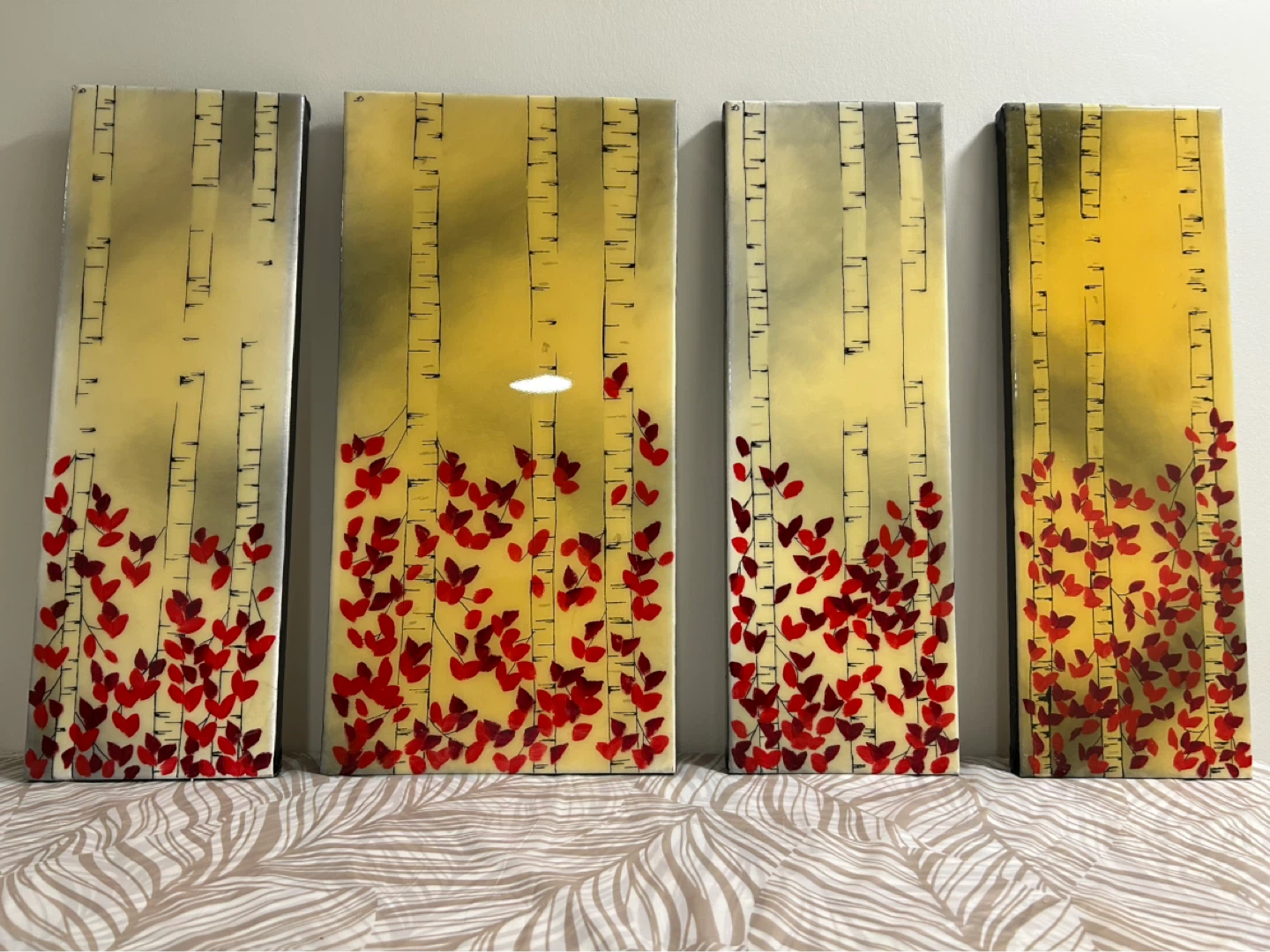 Set of 4 Birch Tree & Red Leaf Canvas Wall Art Panels