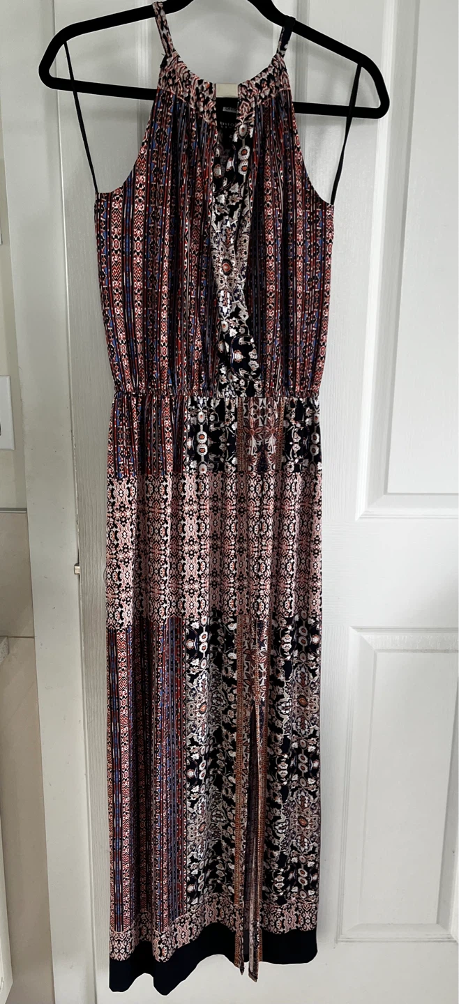 Black Boho Maxi Dress with Red and Blue Print