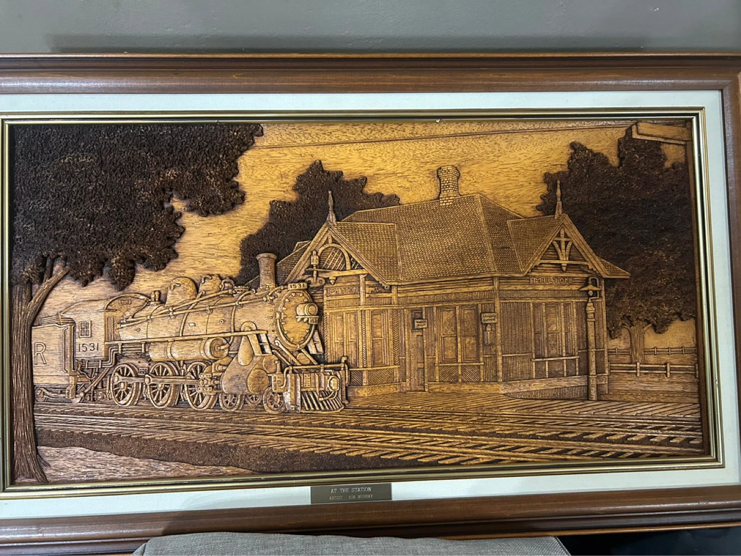 Framed Wood Carving "At The Station" by Kim Murray