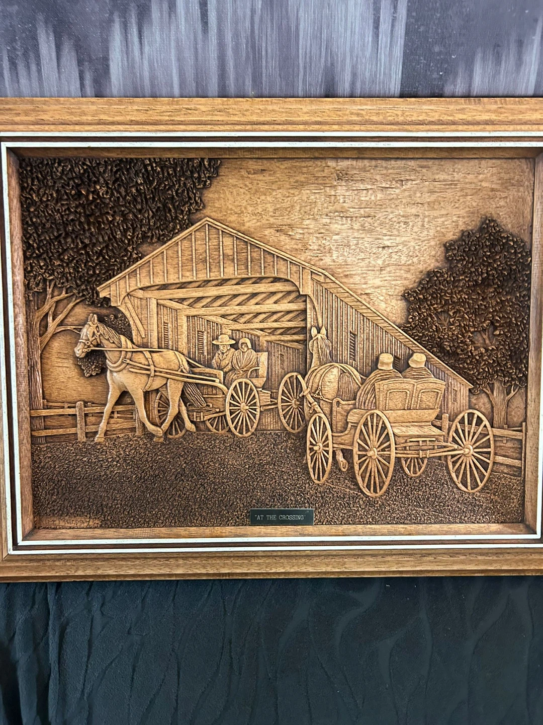Creative Carvings "At The Crossing" Wood Bas-Relief Art