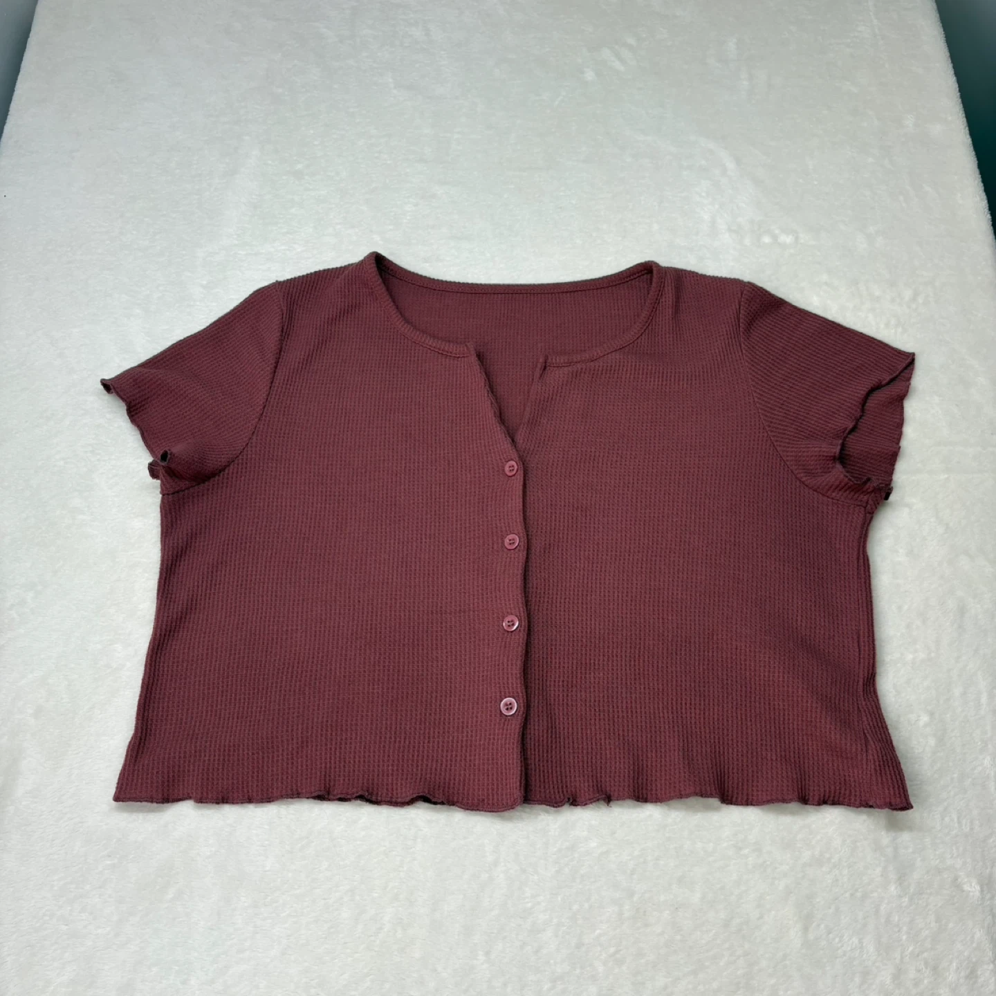 Dark Dusty Rose Waffle Knit Boxy Cropped Button Up Top Size L - photo 2
