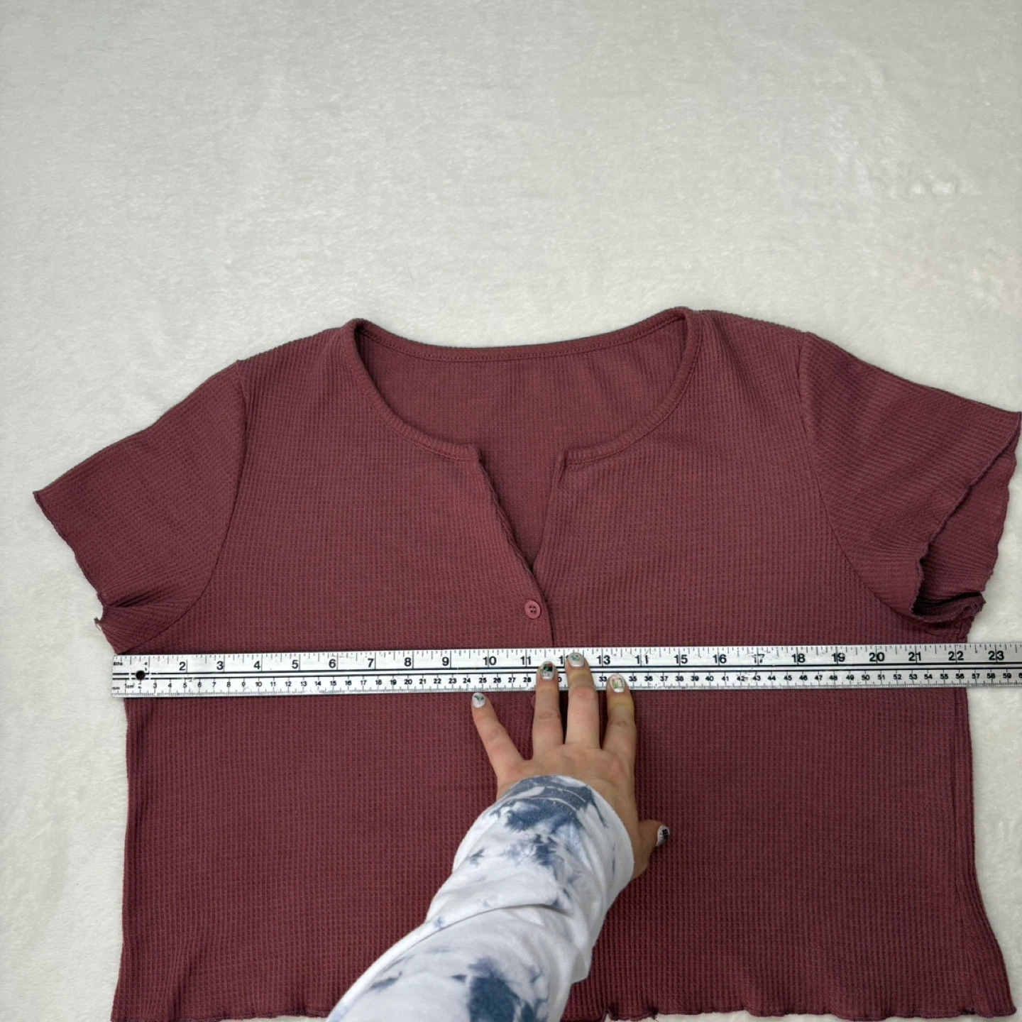 Dark Dusty Rose Waffle Knit Boxy Cropped Button Up Top Size L - photo 5