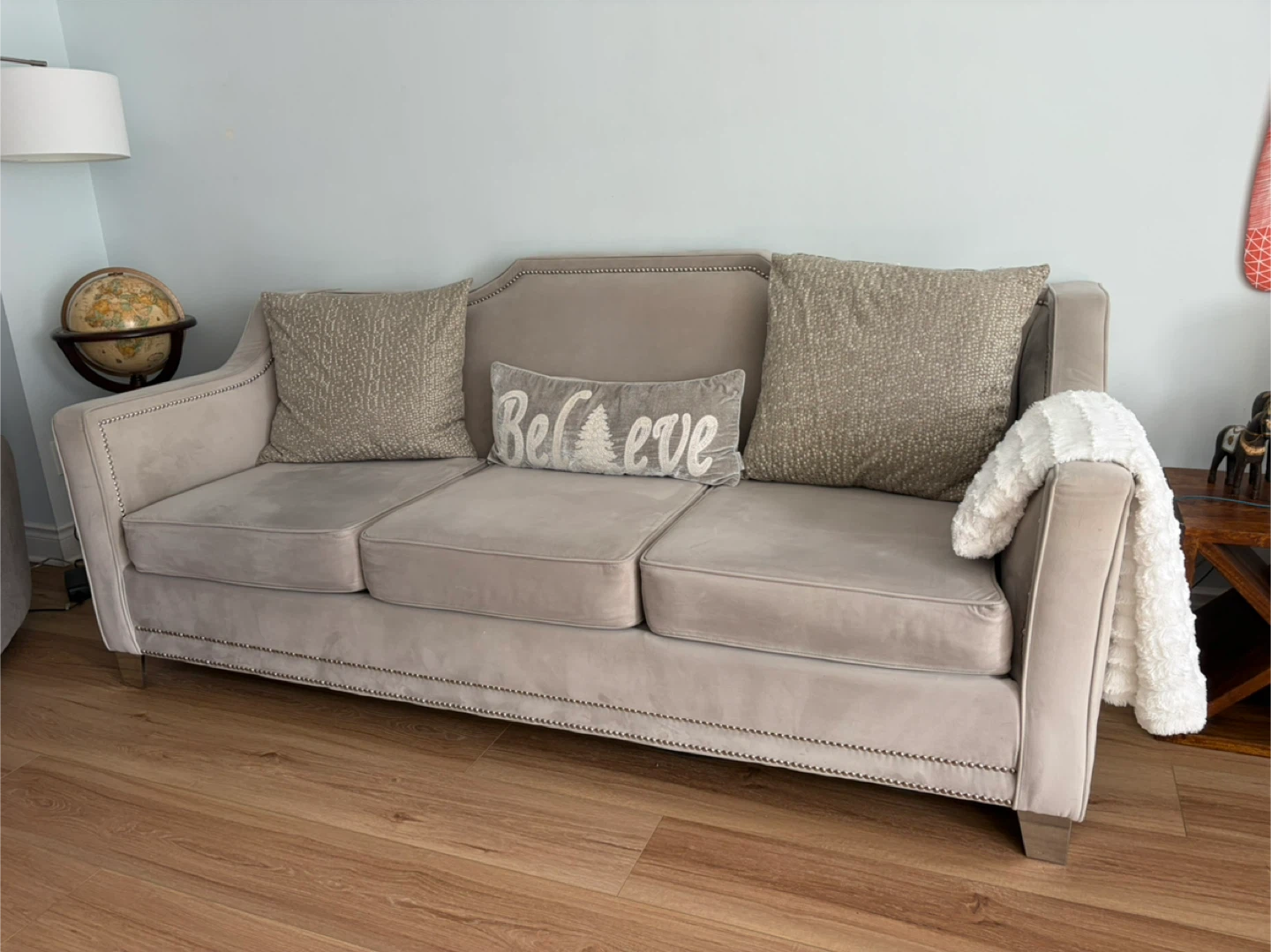 Beige Velvet Sofa with Nailhead Trim