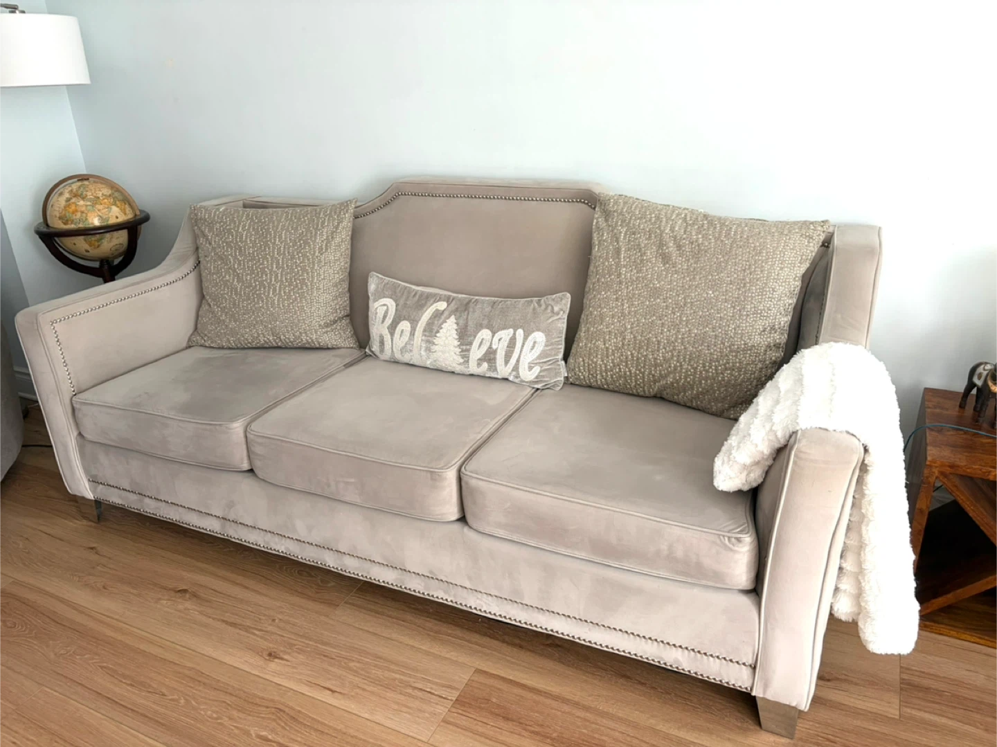 Beige Velvet Sofa with Nailhead Trim - photo 2