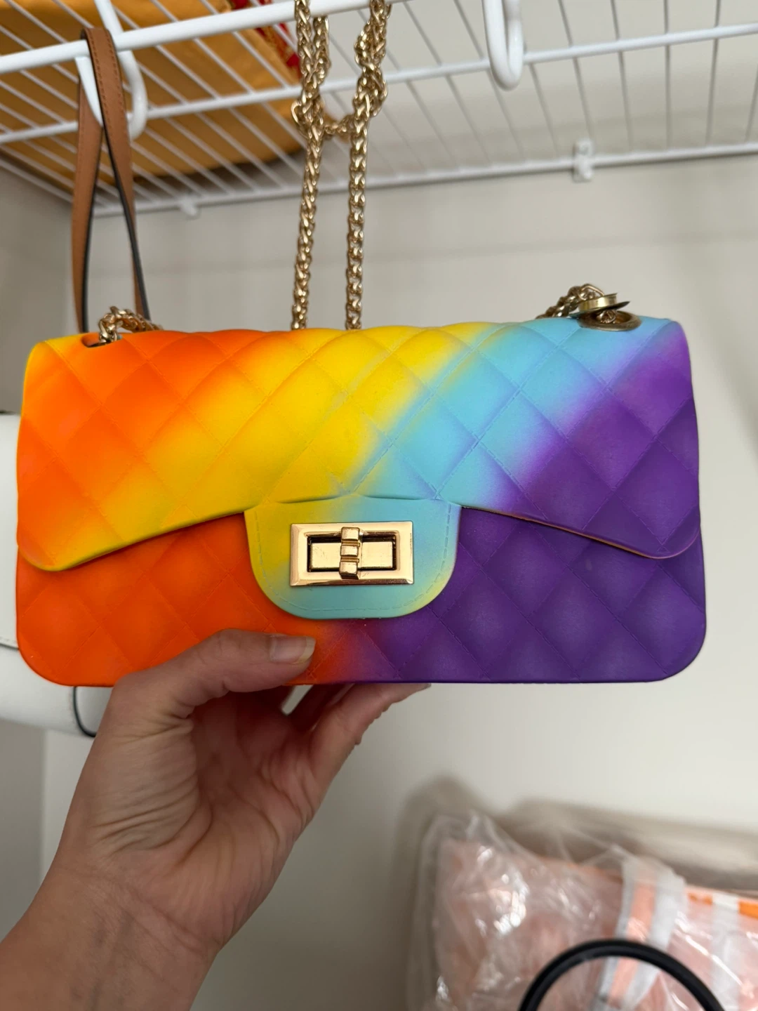 Rainbow Quilted  Purse with Gold Chain