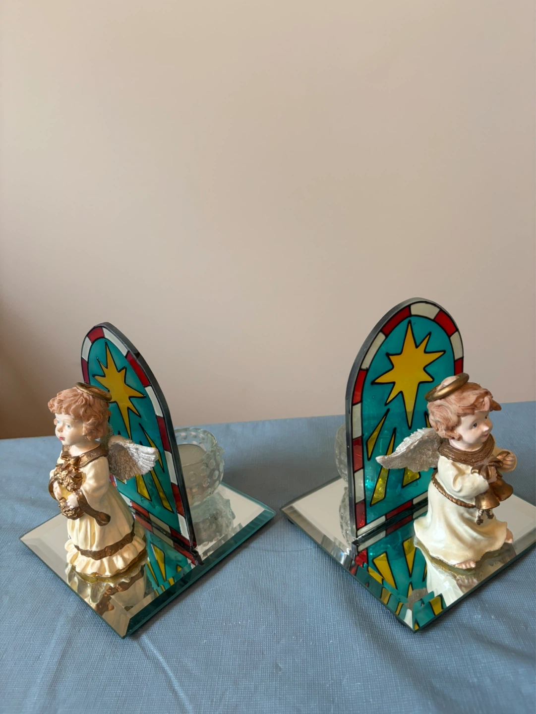 2 Charming Angel Candle Holders with Stained Glass Design - photo 4
