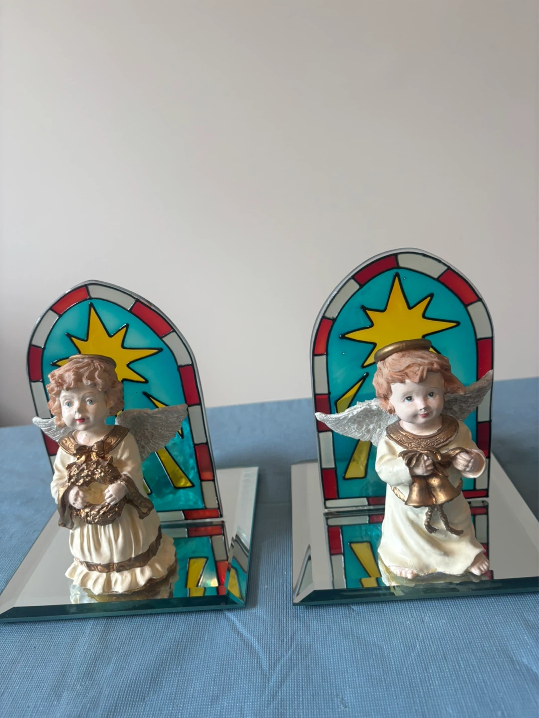2 Charming Angel Candle Holders with Stained Glass Design