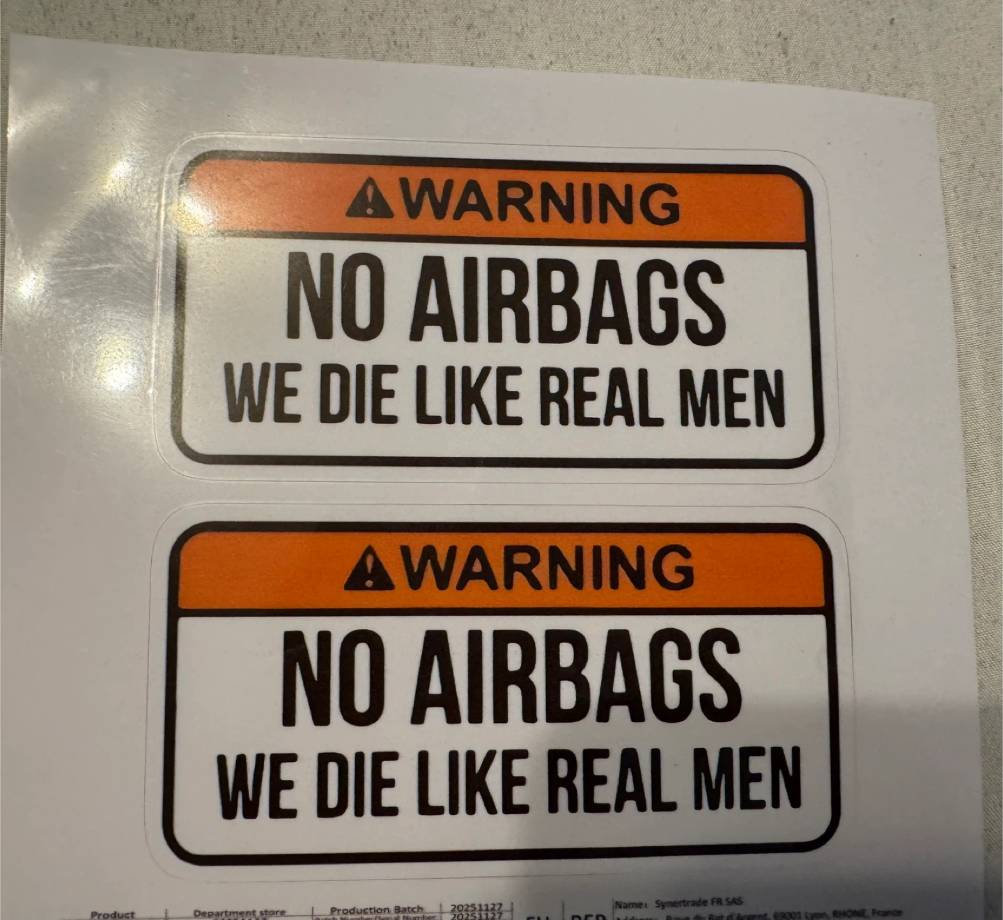 No Airbags We Die Like Real Men – Funny Car Sticker 2 Pack - photo 2