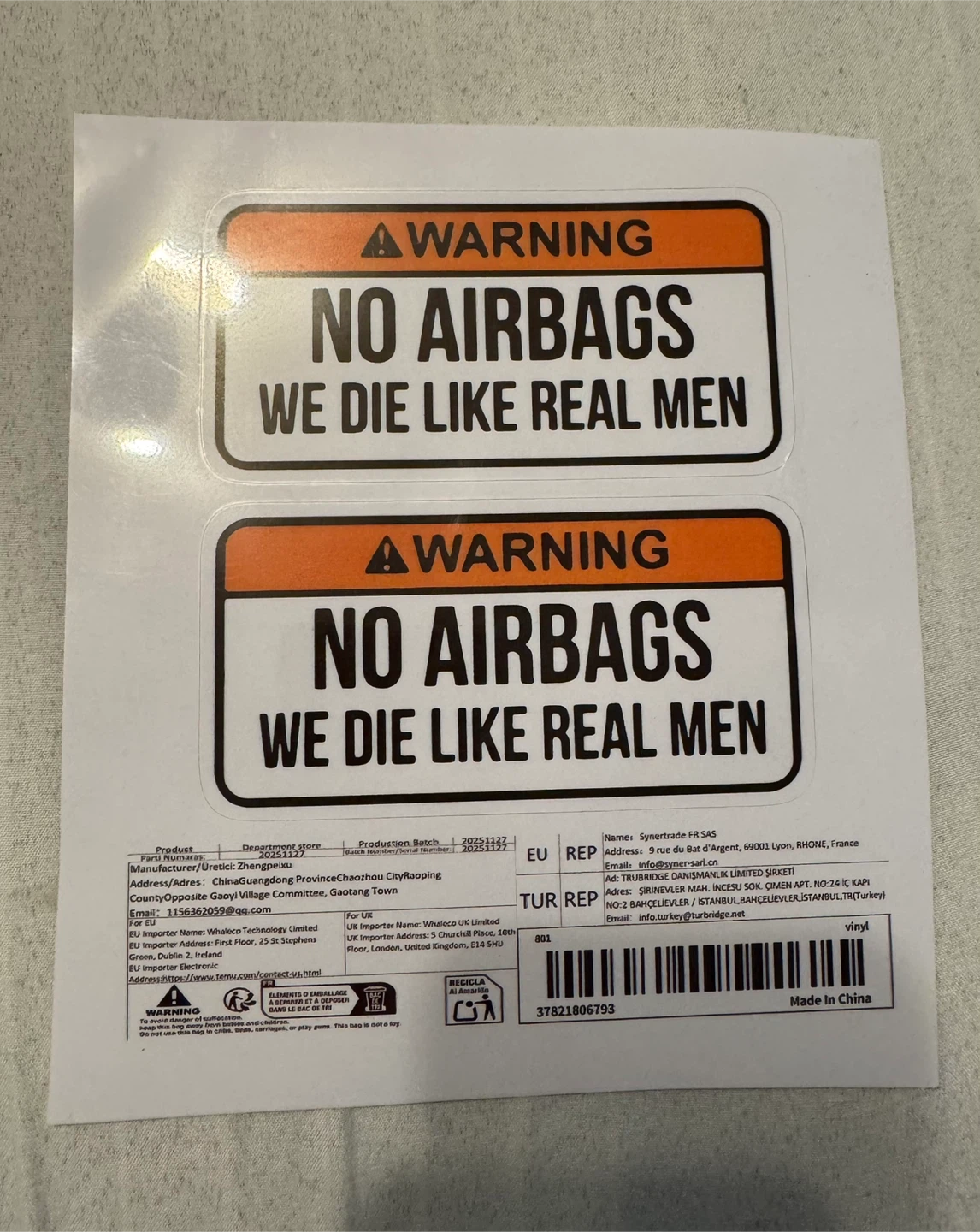 No Airbags We Die Like Real Men – Funny Car Sticker 2 Pack