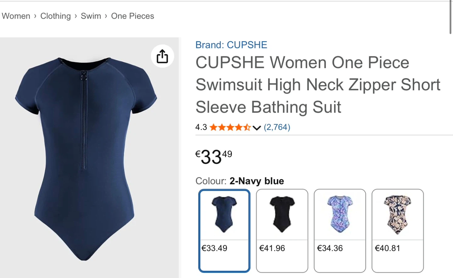 CUPSHE XL Women's Navy Blue Short Sleeve Zipper Swimsuit - photo 3
