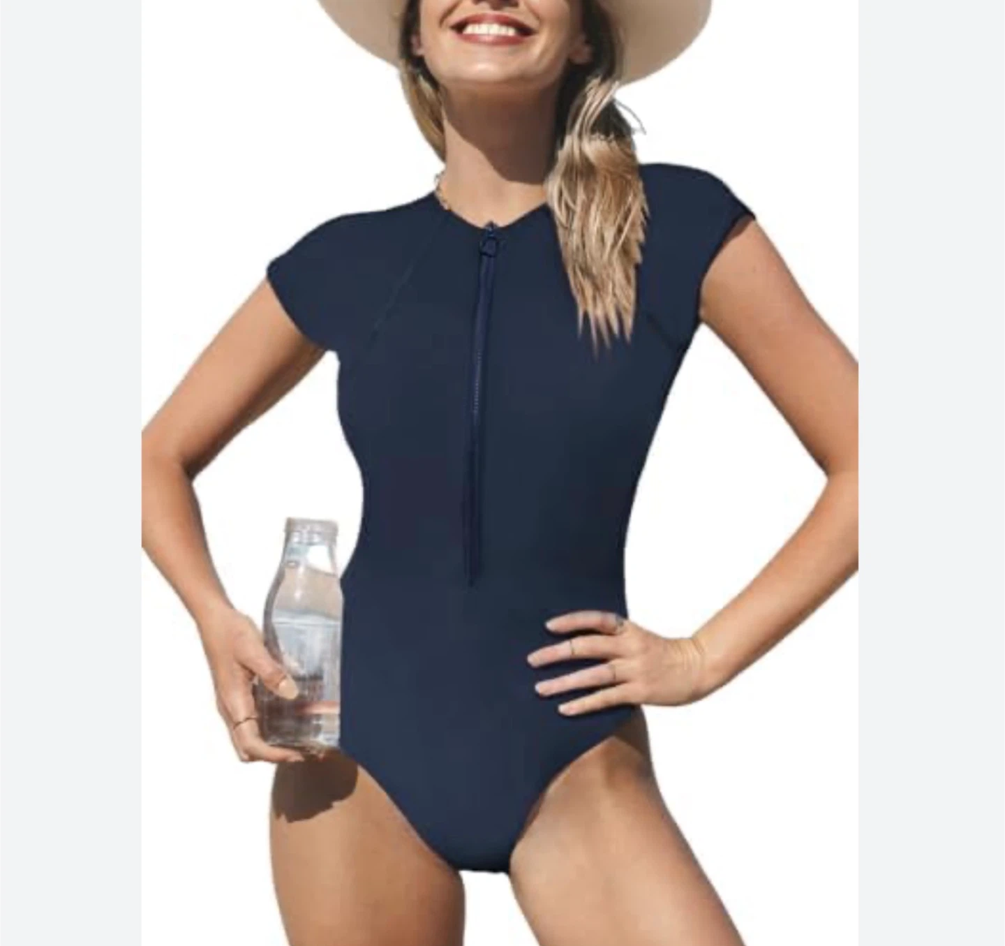 CUPSHE XL Women's Navy Blue Short Sleeve Zipper Swimsuit