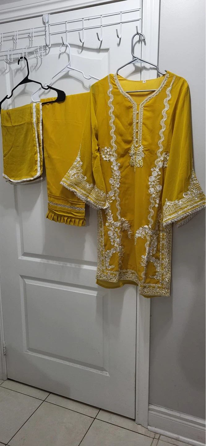 Yellow Embroidered Kurti with Pants and Dupatta Set
