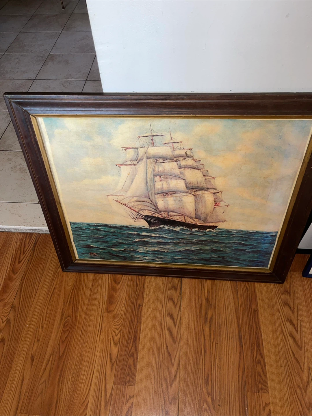 Framed Painting of a Tall Ship at Sea