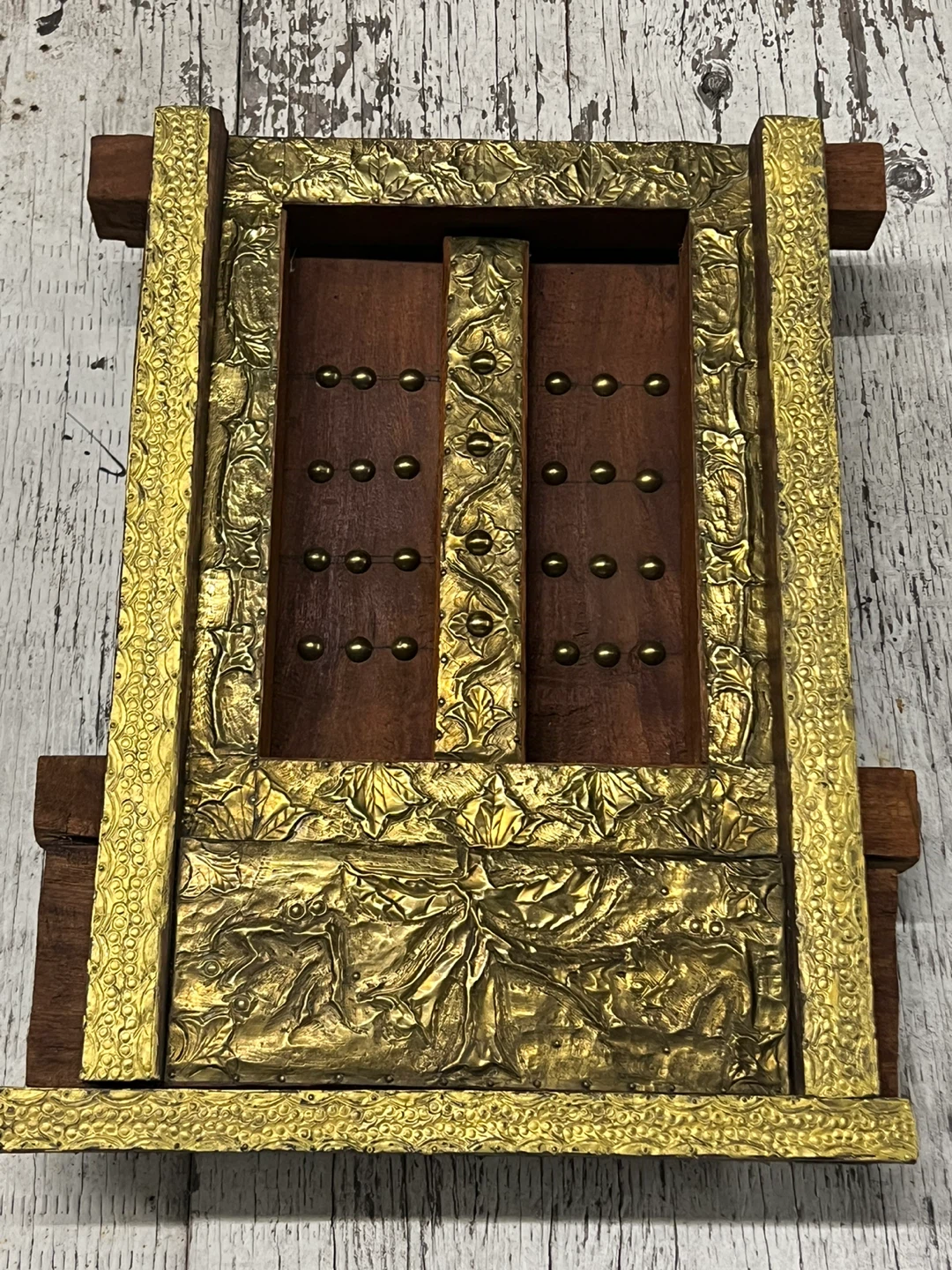 Vintage Hand-Carved Wooden Box with Brass Accents