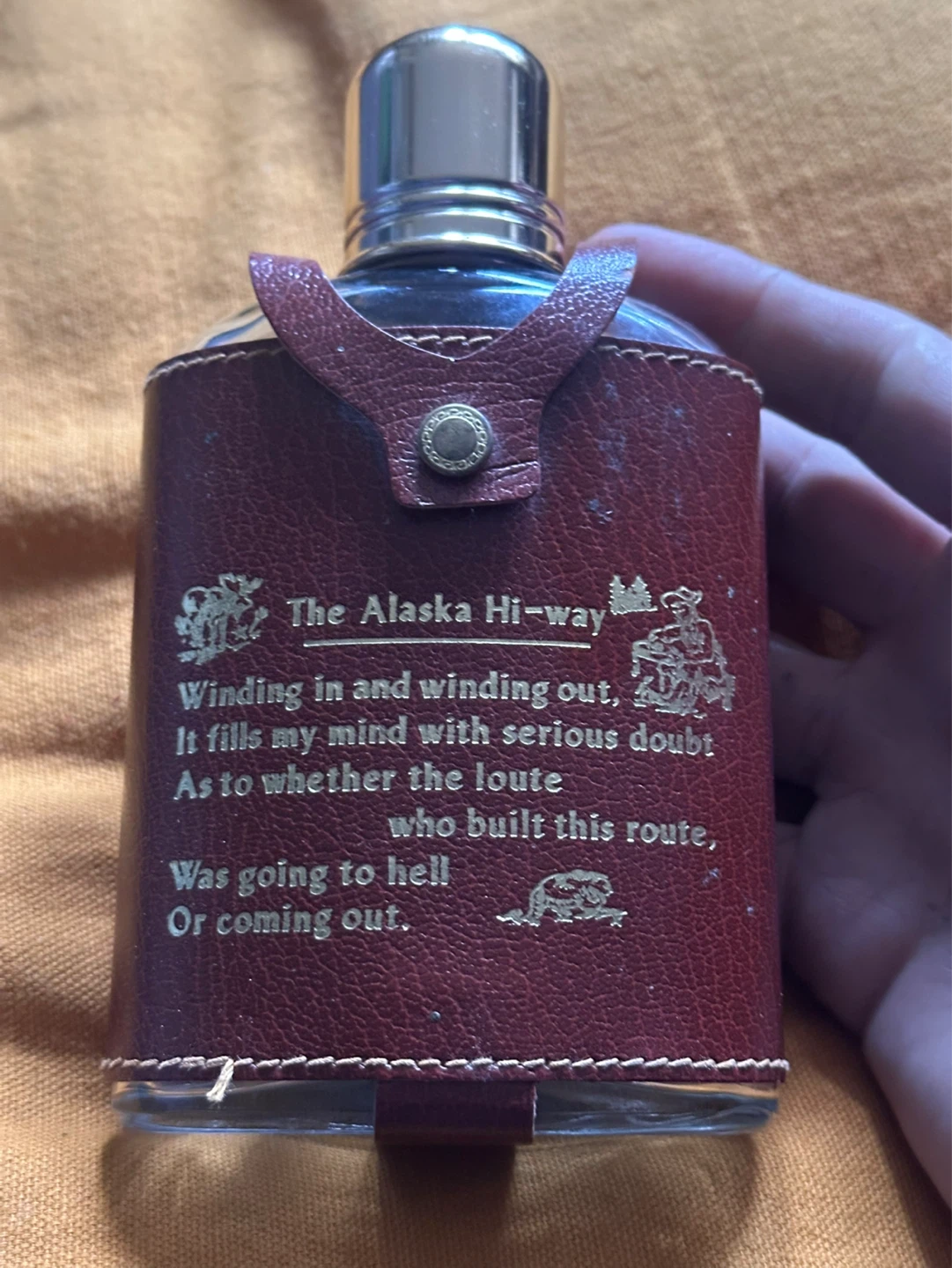 Vintage Alaska Hwy Glass Leather Wrapped Souvenir Flask