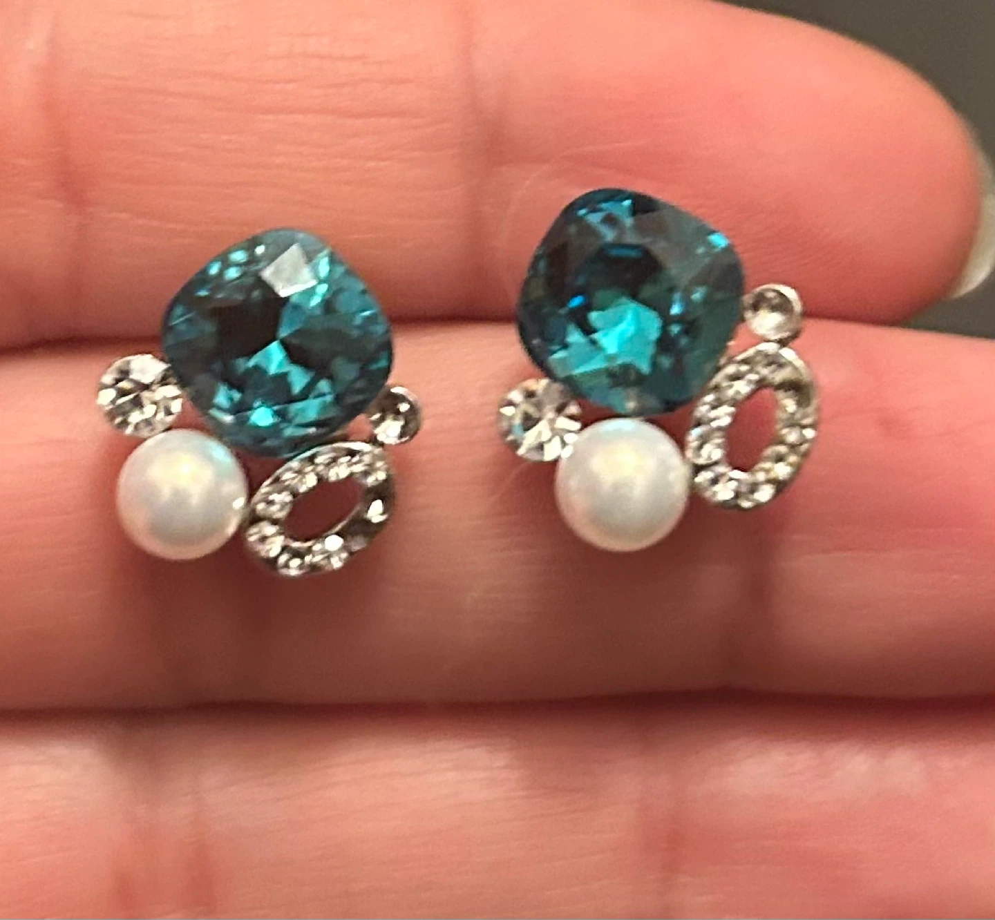 Blue Crystal and Pearl Cluster Stud Earrings