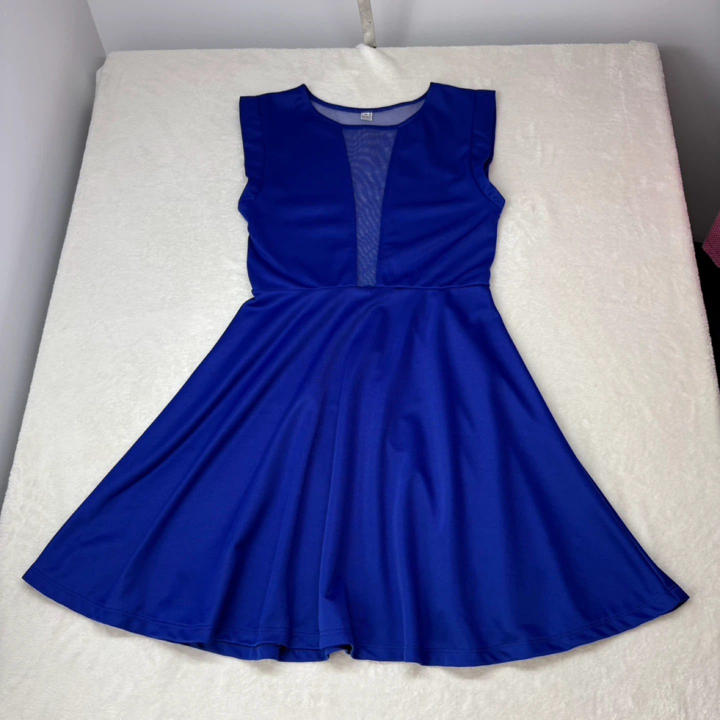 Royal Blue Fit and Flare Dress Sheer Mesh Panel V Neck Size XS - photo 2