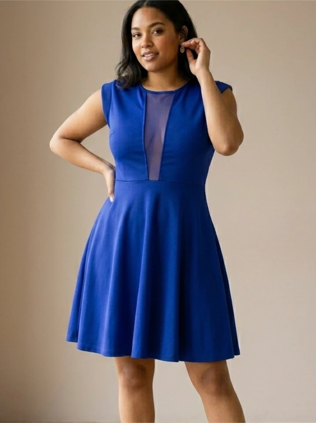 Royal Blue Fit and Flare Dress Sheer Mesh Panel V Neck Size XS