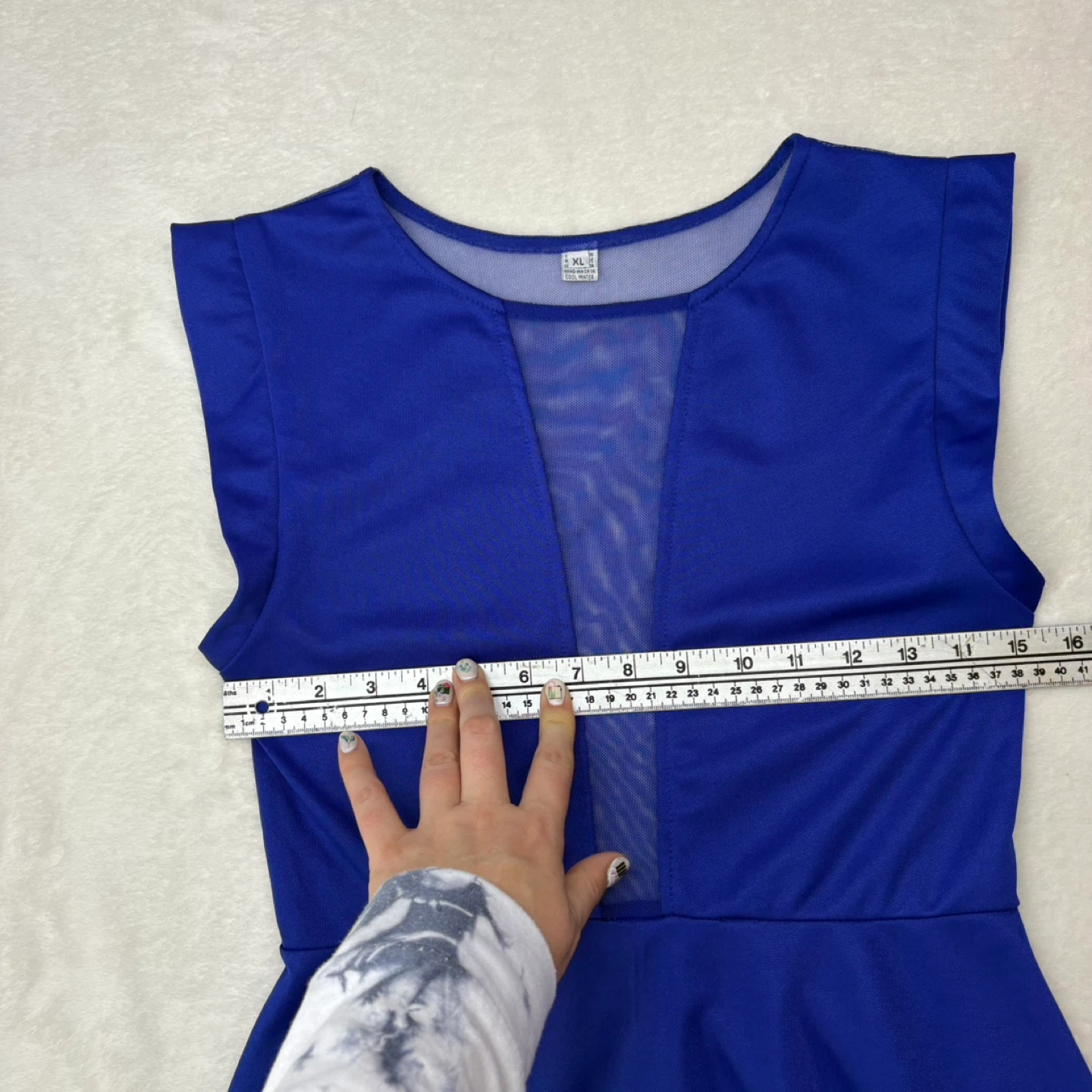 Royal Blue Fit and Flare Dress Sheer Mesh Panel V Neck Size XS - photo 5