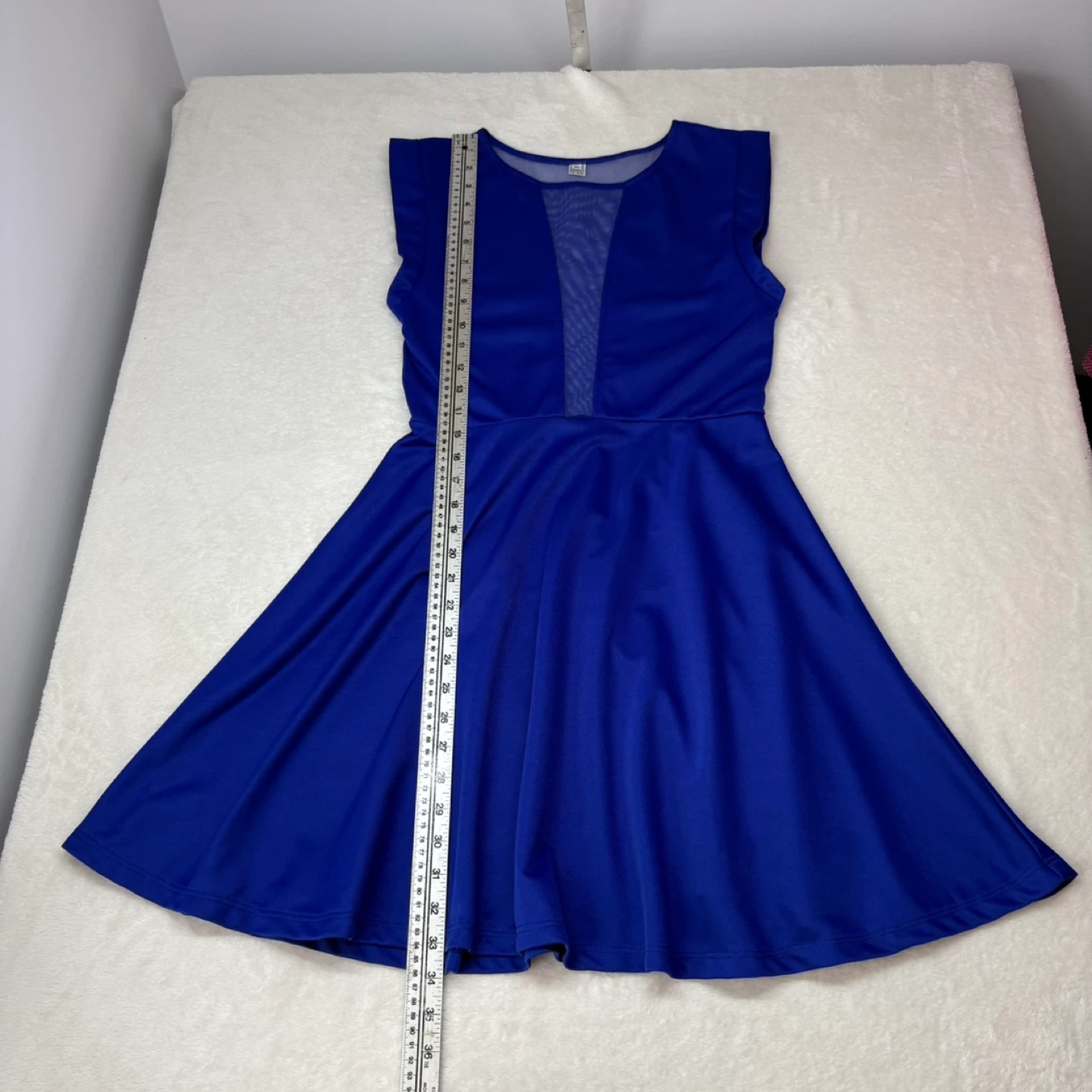 Royal Blue Fit and Flare Dress Sheer Mesh Panel V Neck Size XS - photo 4