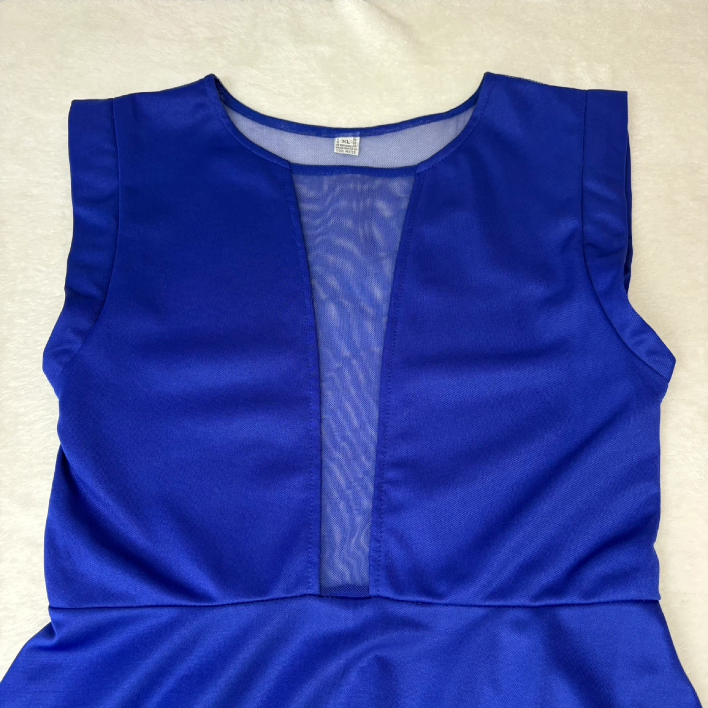 Royal Blue Fit and Flare Dress Sheer Mesh Panel V Neck Size XS - photo 3
