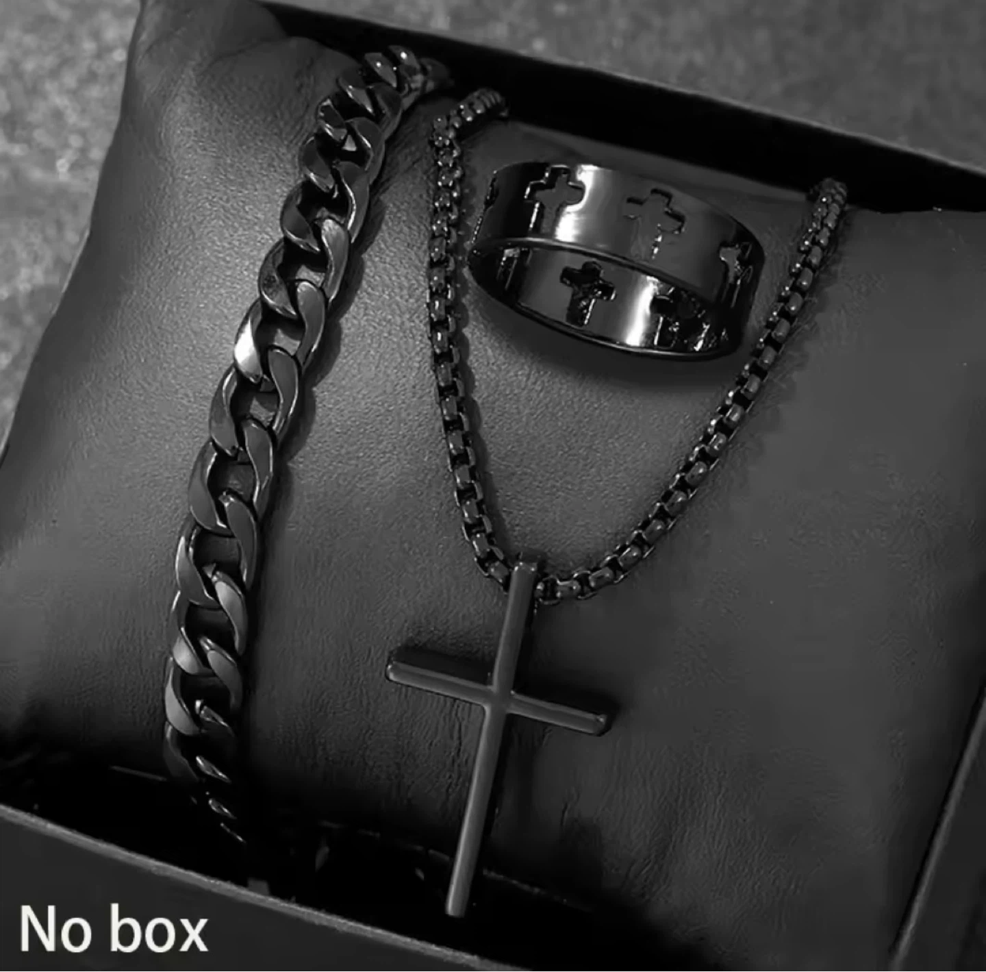 Men's Cross Necklace, Bracelet, and Ring Set - Black