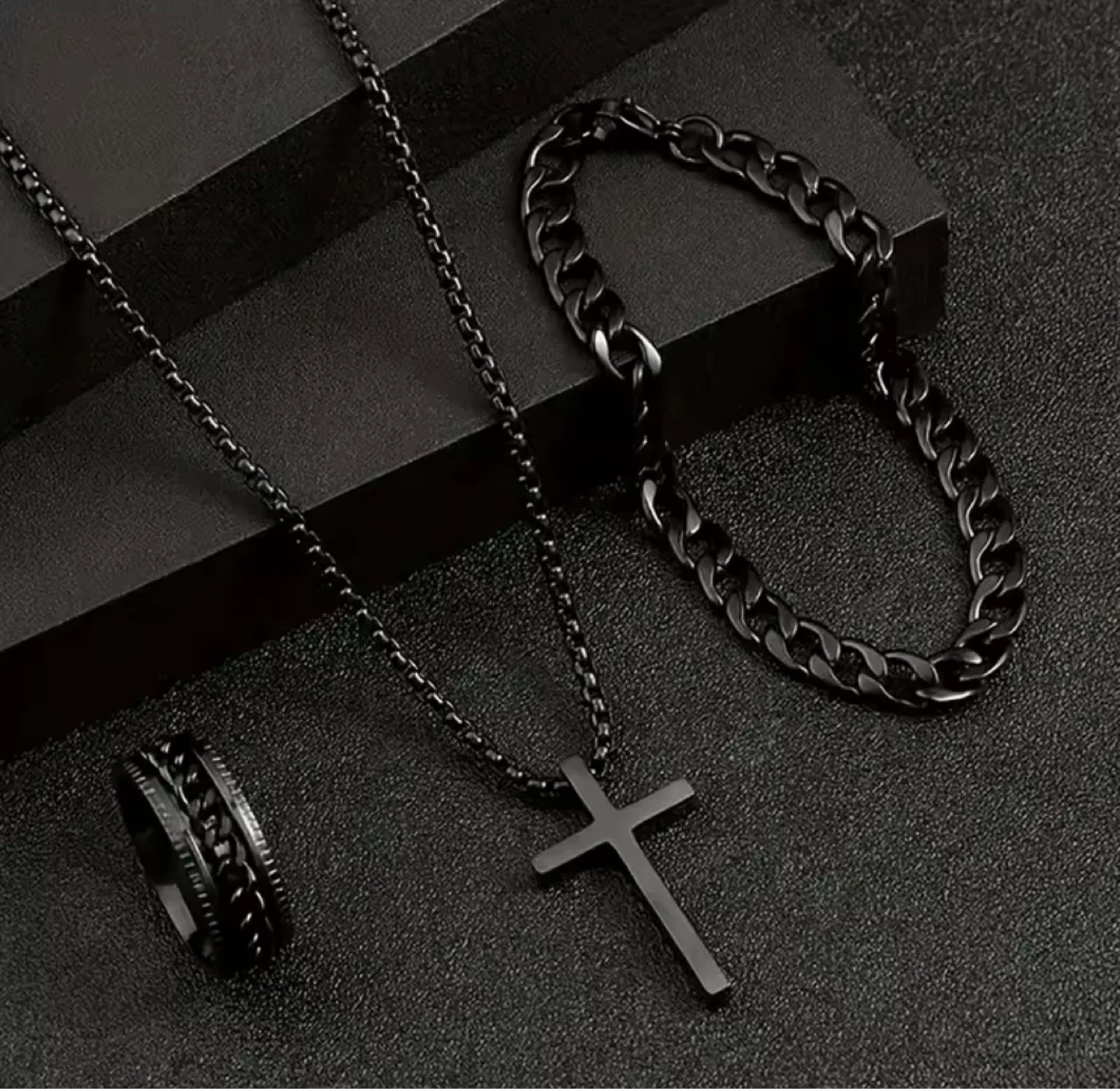 Men's Cross Necklace, Bracelet, and Ring Set - Black