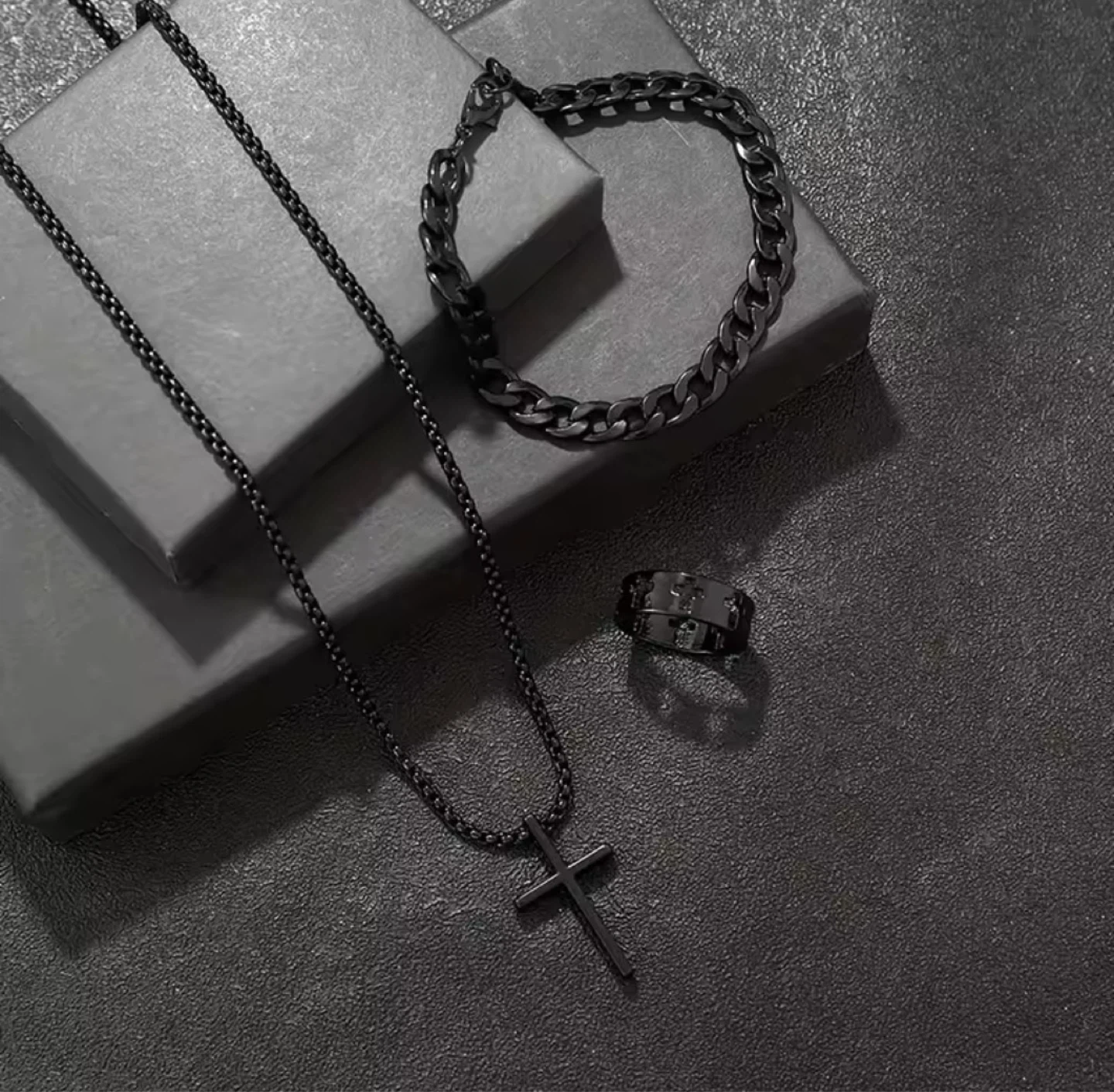 Men's Cross Necklace, Bracelet, and Ring Set - Black - photo 2