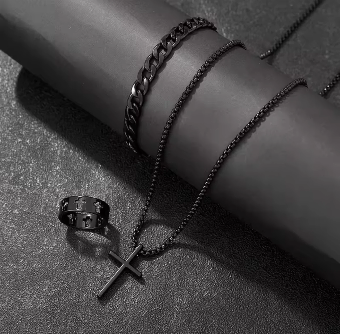 Men's Cross Necklace, Bracelet, and Ring Set - Black - photo 3