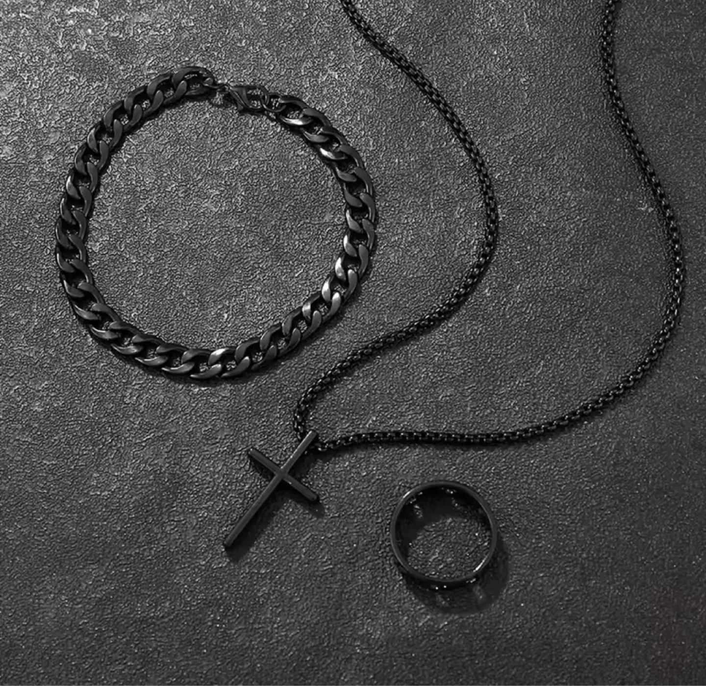 Men's Cross Necklace, Bracelet, and Ring Set - Black - photo 5
