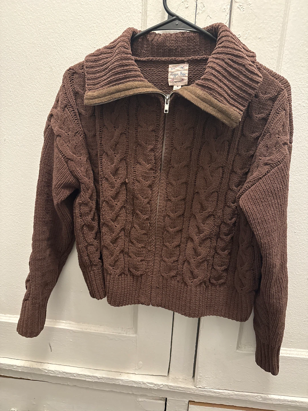 Brown Cable Knit Zip-Up Sweater Size S/M