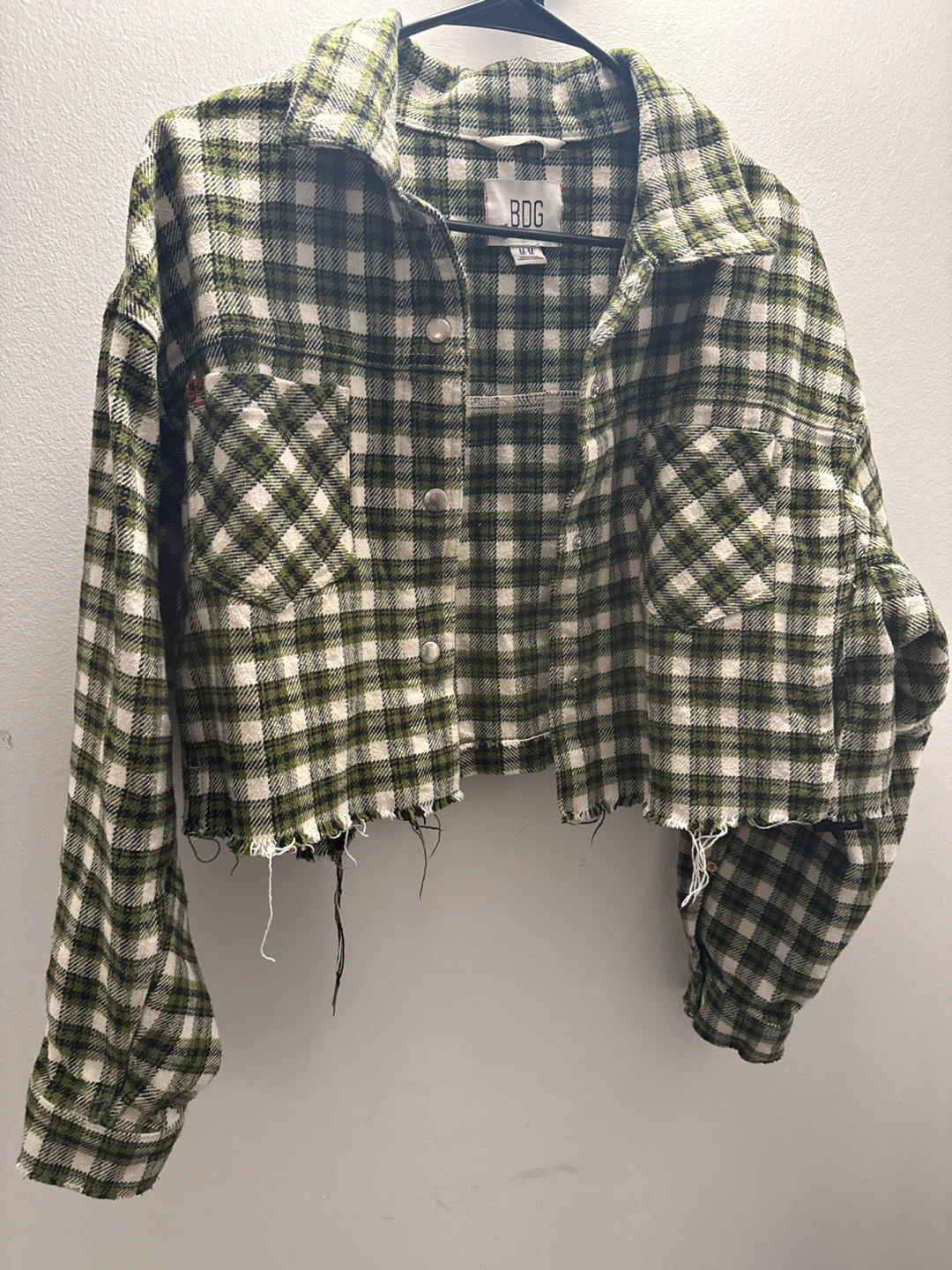 BDG Green Plaid Cropped Flannel Shirt