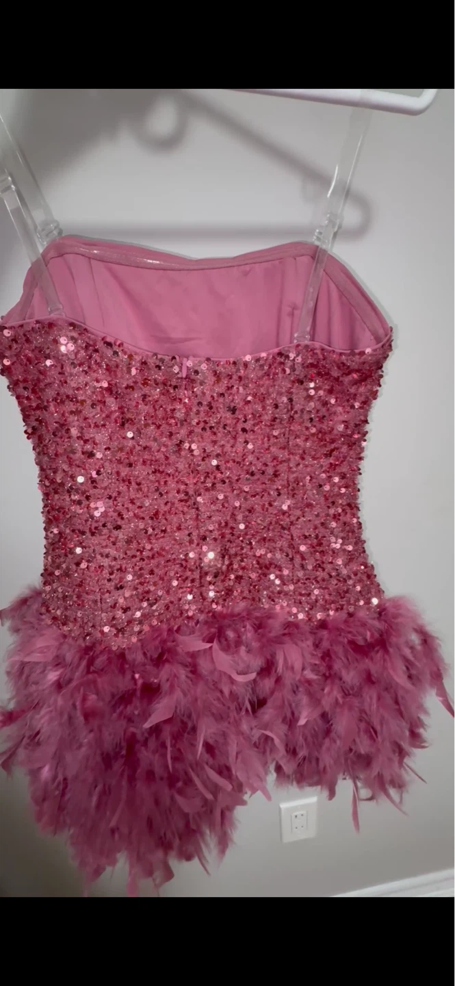 Pink Mini Sequin and Feather Dress - photo 2