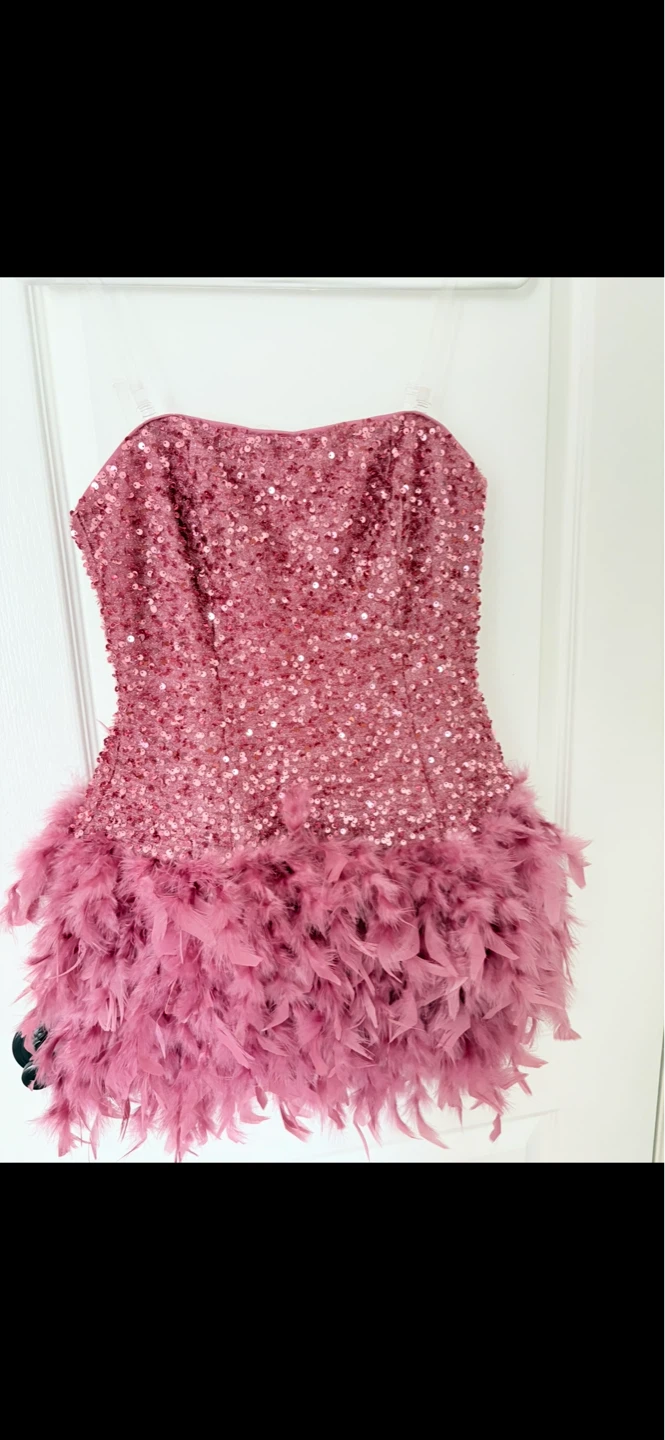 Pink Mini Sequin and Feather Dress - photo 3