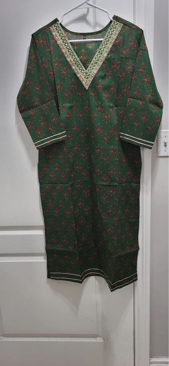 Green Printed Kurti with Embroidered Neckline